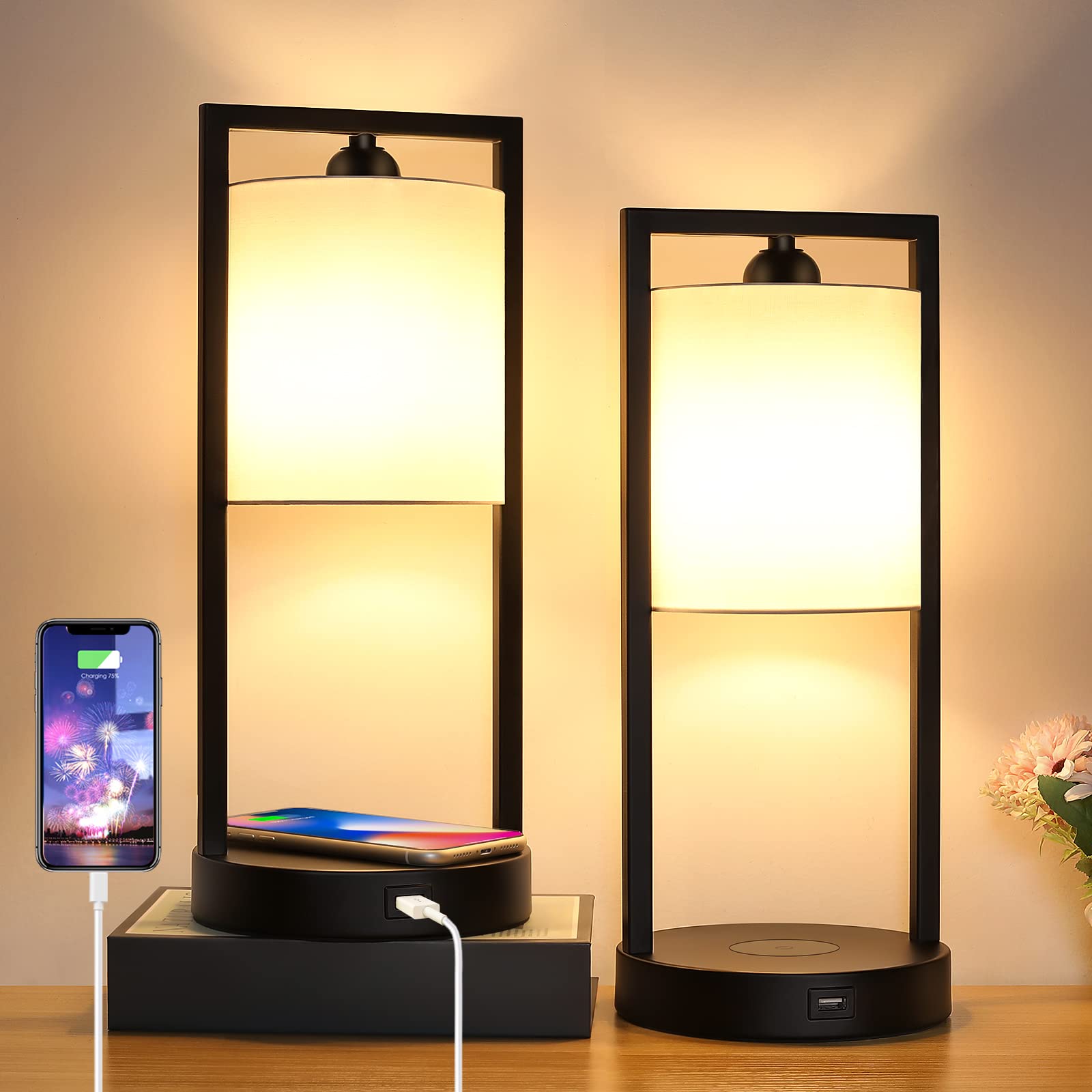 TOBUSA Wireless Charging Table Lamps Set of 2, Modern Dimmable Design, Warm White Fabric Shade, Metal, Model HRP-TS12008W-27A
