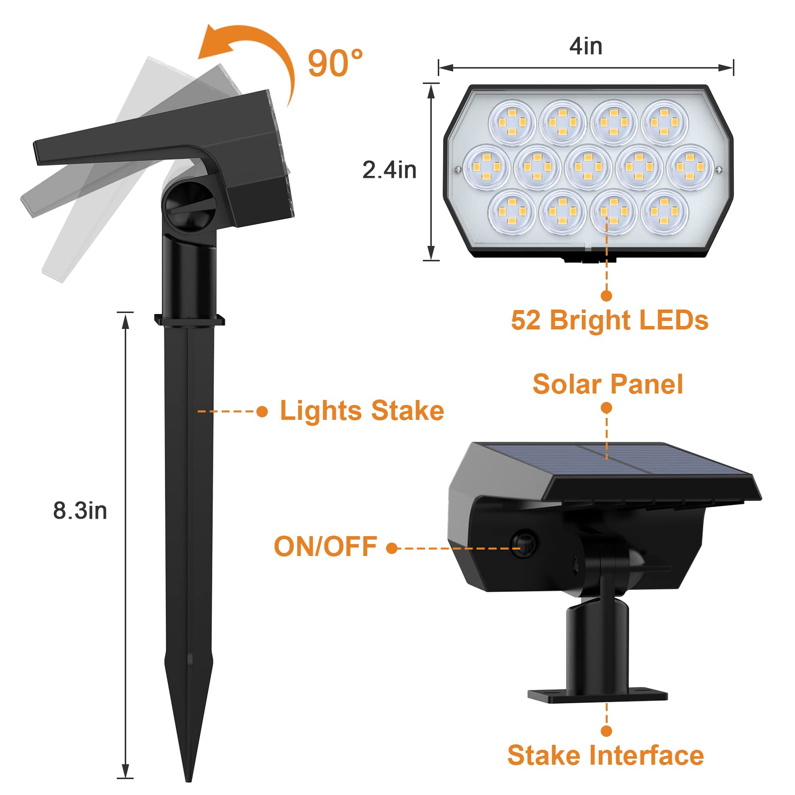 Welalo Solar Spot Lights Outdoor, [2 Pack/52 Led/3 Modes] 2-In-1 Solar Landscape Spotlights, Solar Powered Security Lights, Ip65 Waterproof Wall Lights For Walkway Yard Garden Driveway(Warm White)