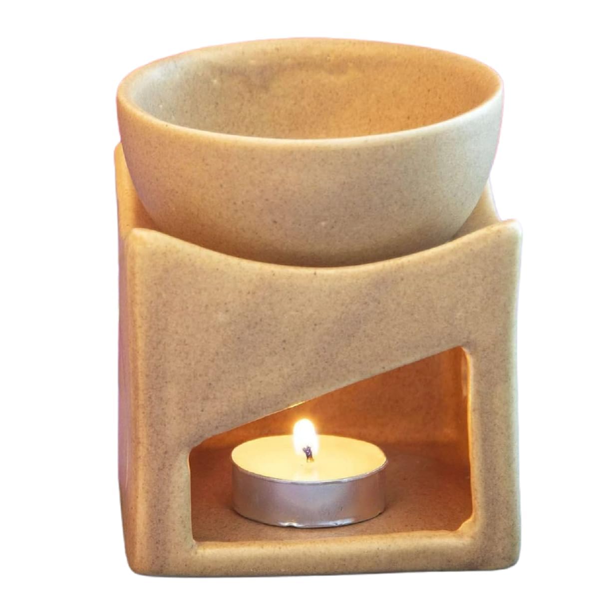 Mkd2 Rise Ceramic Clay Candle Operated Aroma Burner Oil Diffuser/Oil Burner Lamp with 1 Tealight (Mustard, Square) for Fragrance