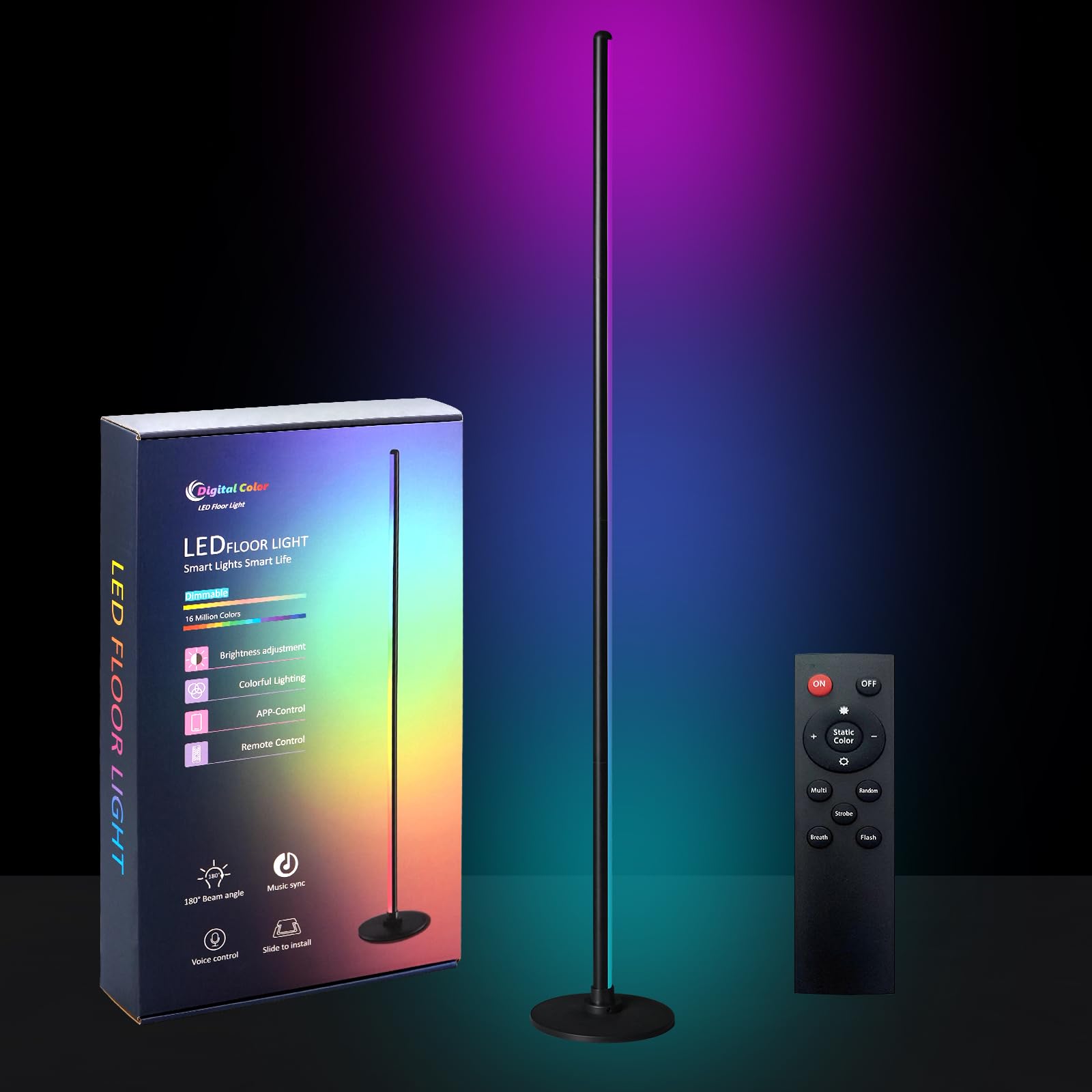 wooaismart RGB LED Floor Lamp, 16 Million Colors, Music Sync, 4.4ft Tall, Black, Model LD03-3-433