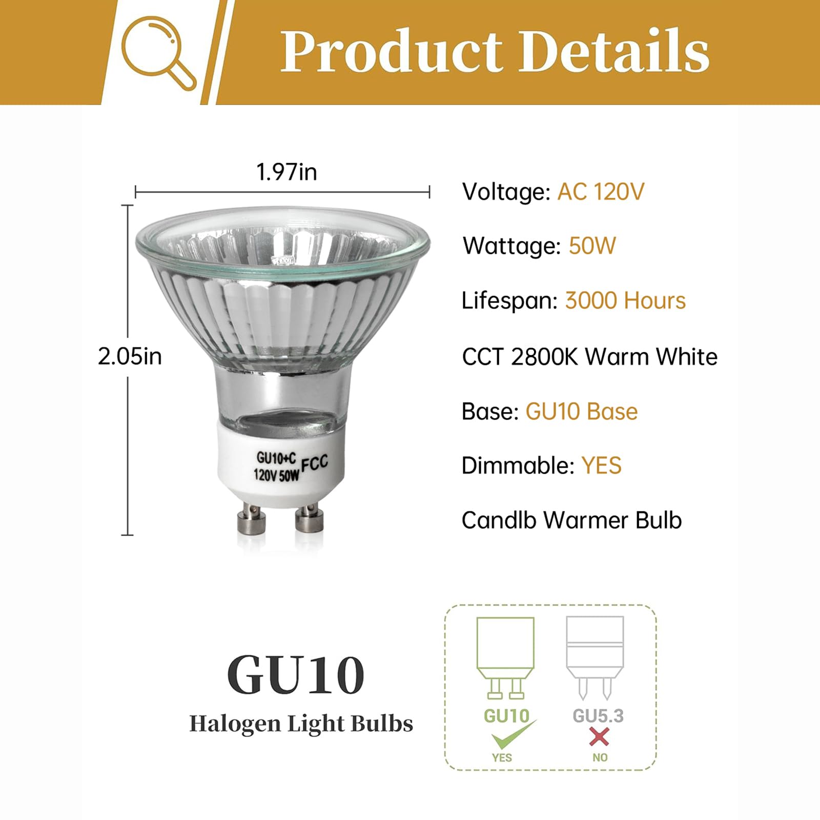 Elenhome GU10 Bulb 50W Dimmable 2800K Warm White Halogen, 2 Pack, Full Glass Cover, Model E50-GU10-2