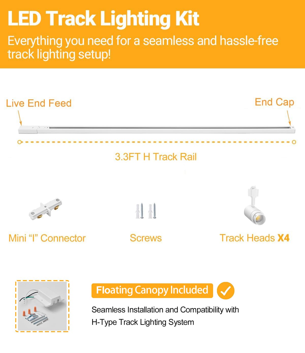 Tuyubee 5 Color Zoomable Led Track Lighting Kit With 6.6Ft H Track Rail & Canopy Connector, Modern Kitchen Fixtures, 12W White L