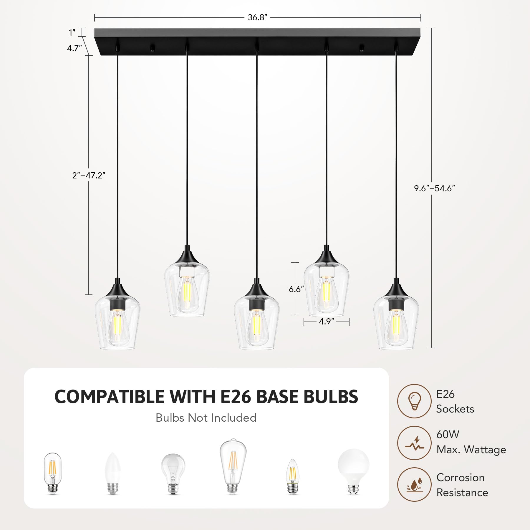 VONLUCE 5-Light Pendant Light Fixture, Modern Matte Black Metal with Wine Glass Shades, Adjustable Height 10"-55", ETL Certified
