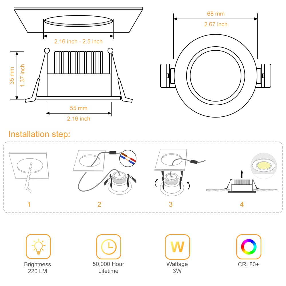 LightingWill 2 Inch LED Downlight - 3W Recessed Lighting Kit, 4000K Natural White, 6 Pack, Dimmable, Black, CRI80