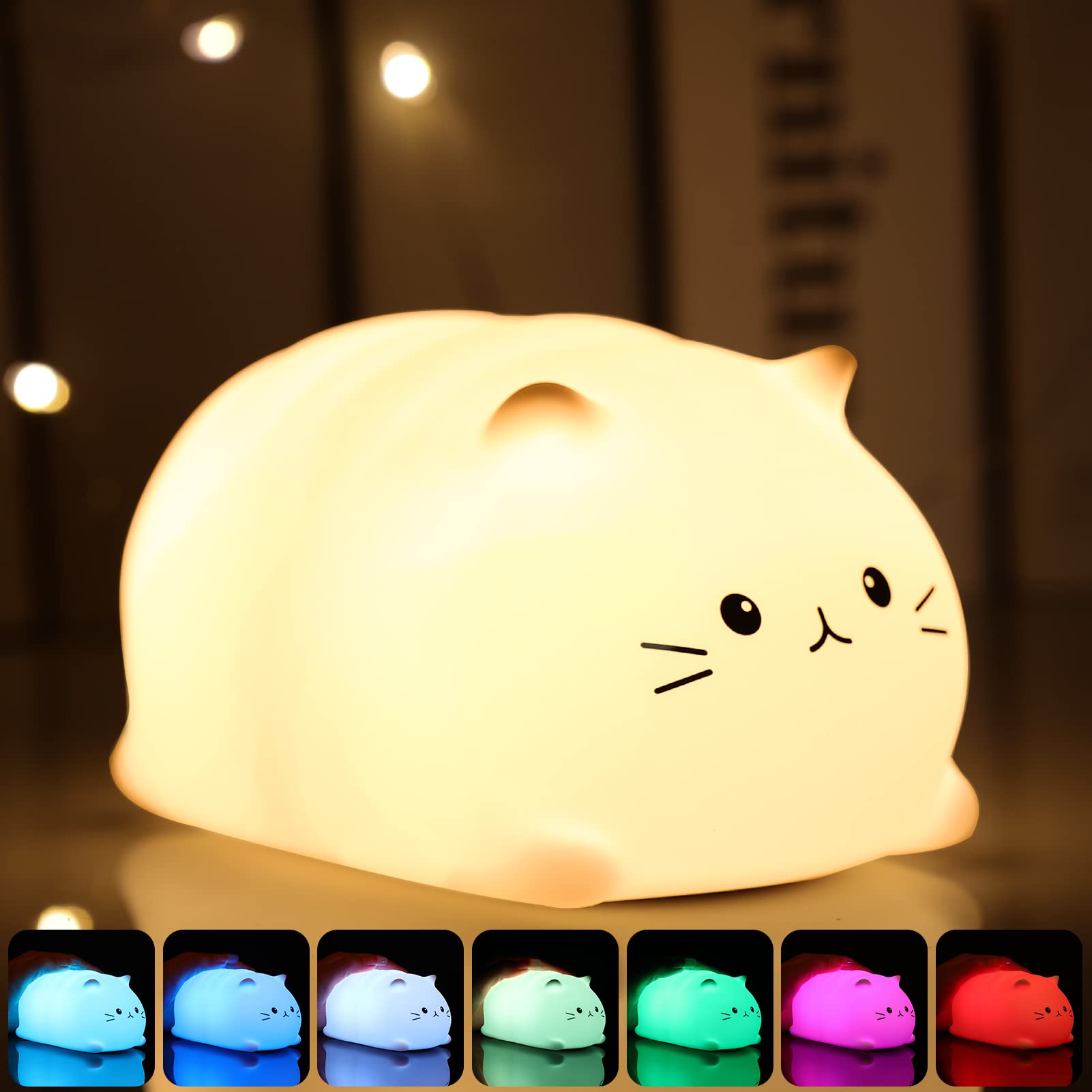 Tremdwoto Cat Lamp - Rechargeable Silicone Night Light, 7 Color Changing, Cat-Lying Size, Ideal for Kids and Nursery