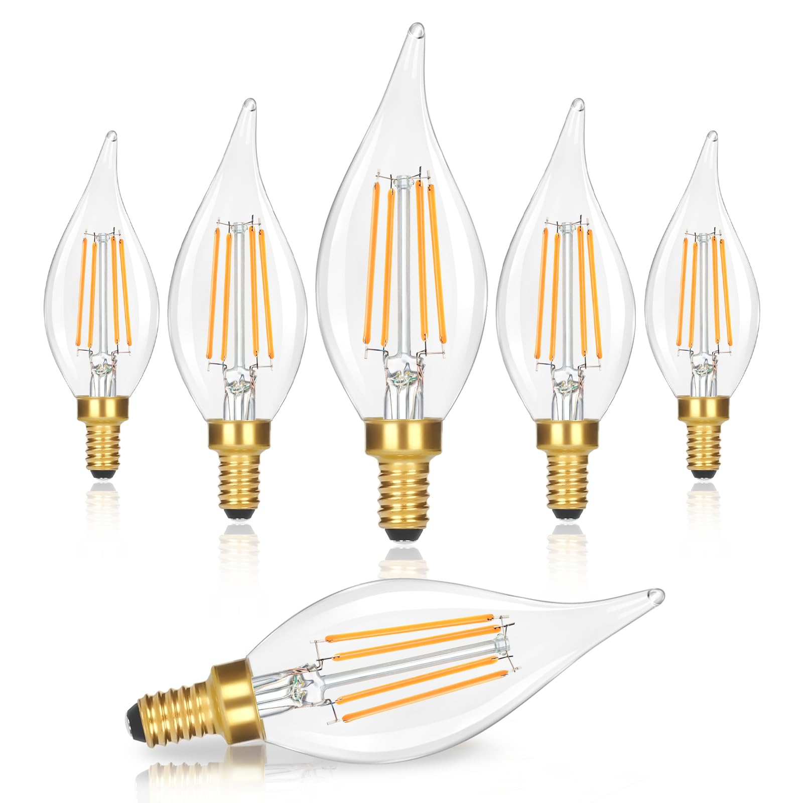 GoBright Dimmable E12 LED Candelabra Bulbs 40W Equivalent, 460LM Soft Warm White 2700K LED Candle Light Bulbs with Vintage Flame Tip, 4W CA10 Clear Glass LED Bulbs for Chandelier, Pendant, 6-Pack