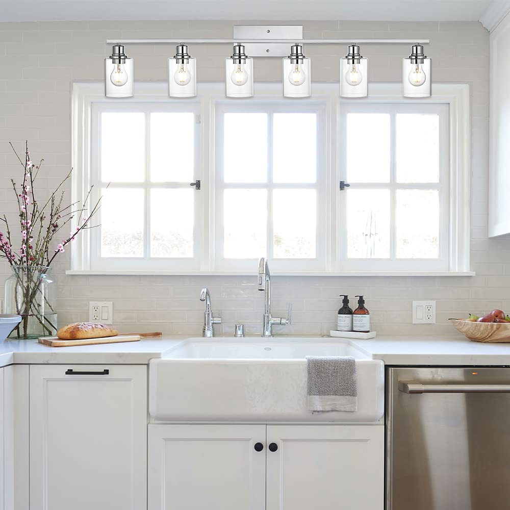 VINLUZ Bathroom Vanity Light Fixture, 6 Lights, Chrome Finish, Clear Glass Shade, Model cc0d4297-85a5-4b08-bbd2-a70658a4