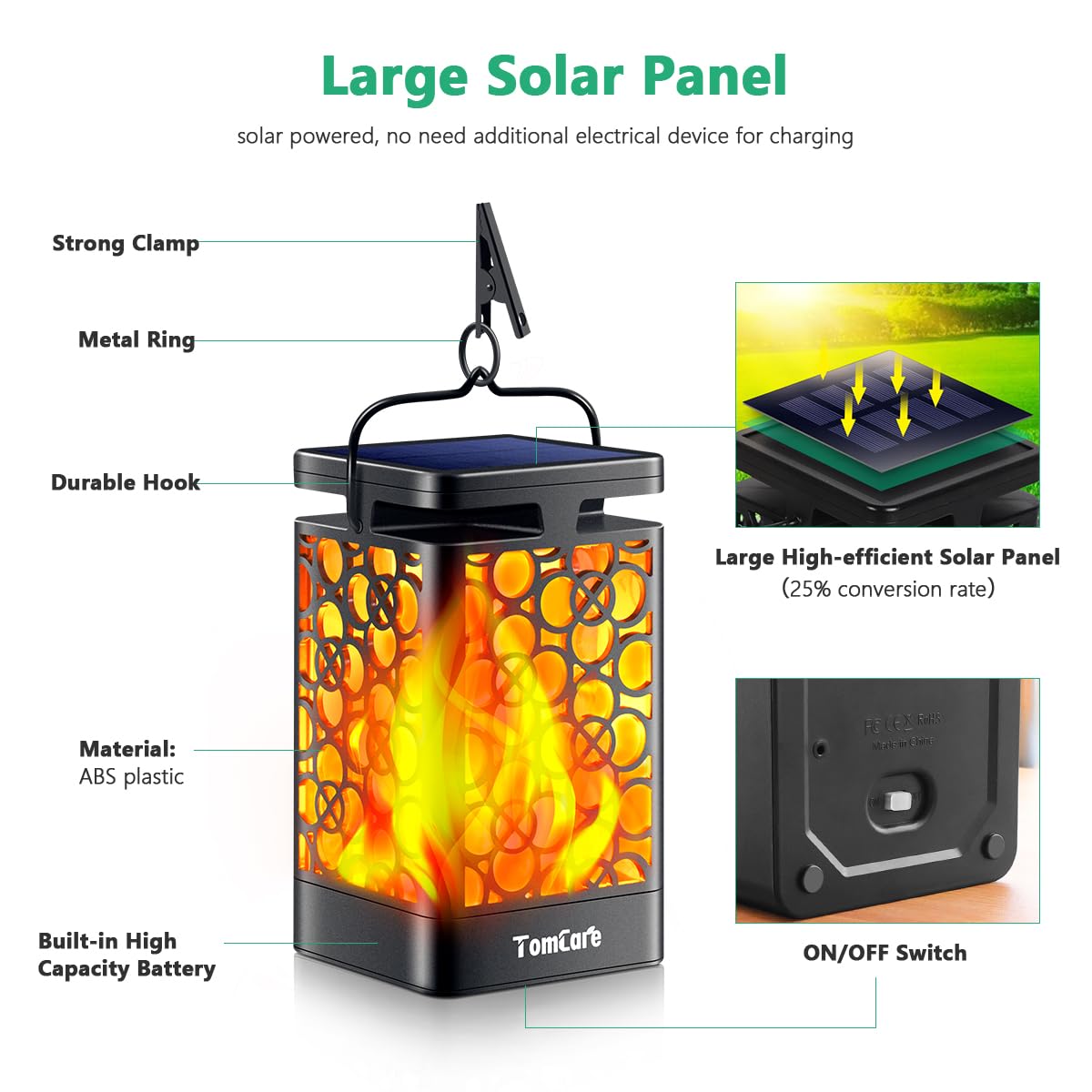 TomCare Solar Lanterns - Upgraded Flickering Flame, Waterproof, 2 Pack, Black, LED Outdoor Lighting for Patio and Yard