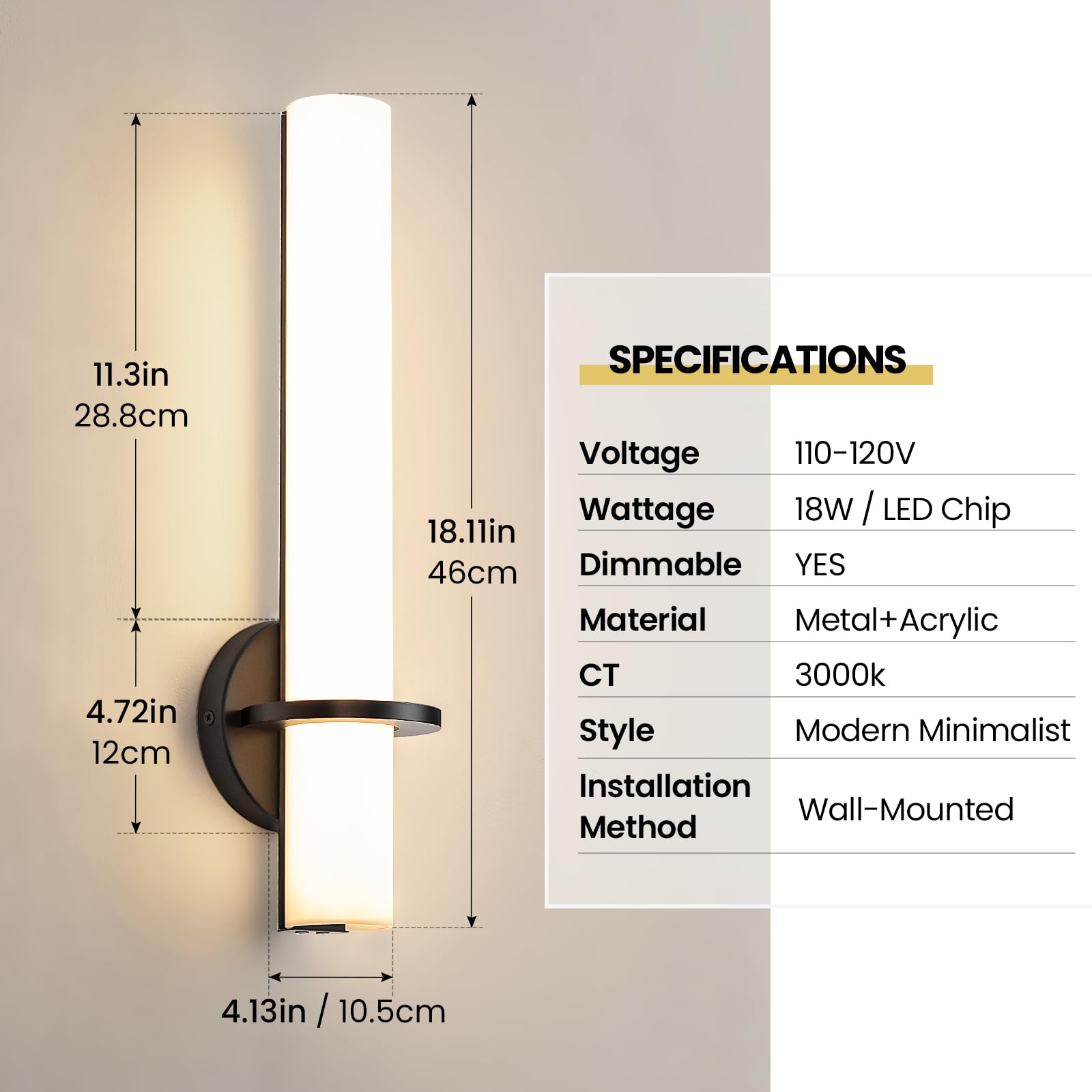 AIJIASI Black LED Dimmable Wall Sconces, 18W Acrylic Shade, Set of 2, Modern Indoor Lighting for Bathroom, Bedroom, Living Room, Hallway