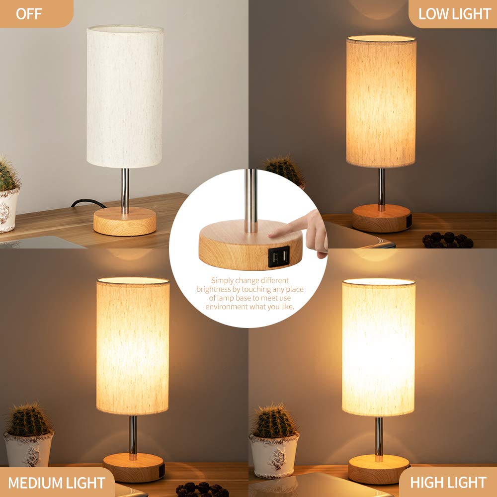 Yarra-Decor Touch Control Bedside Lamps Set of 2 - 3 Way Dimmable, Wood, Linen Shade, USB Port, Model TD001