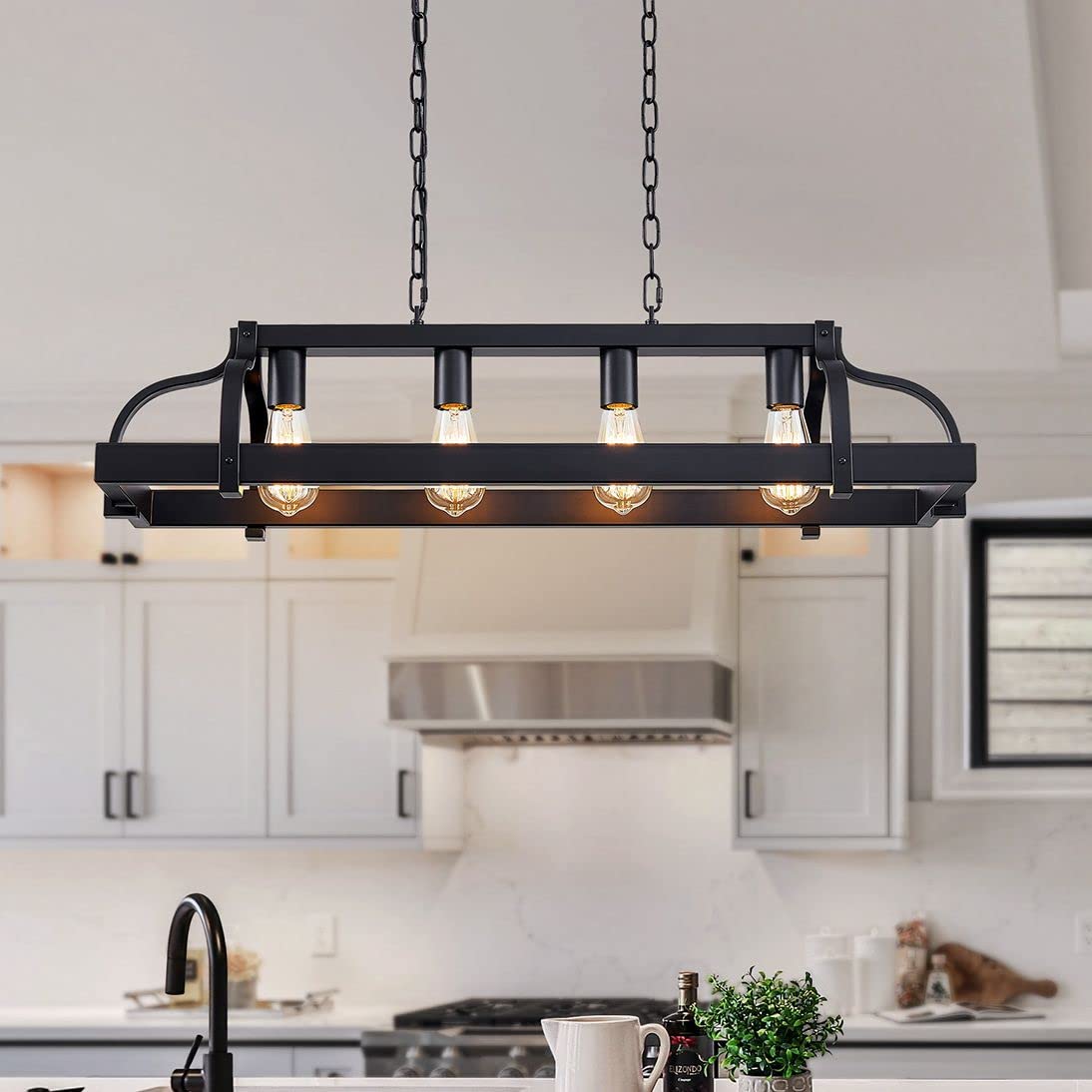 Wuzups 4-Light Metal Pot Hanging Rack Chandelier Linear Pendant Ceiling Lighting Rustic Farmhouse Fixture Kitchen Island Dining