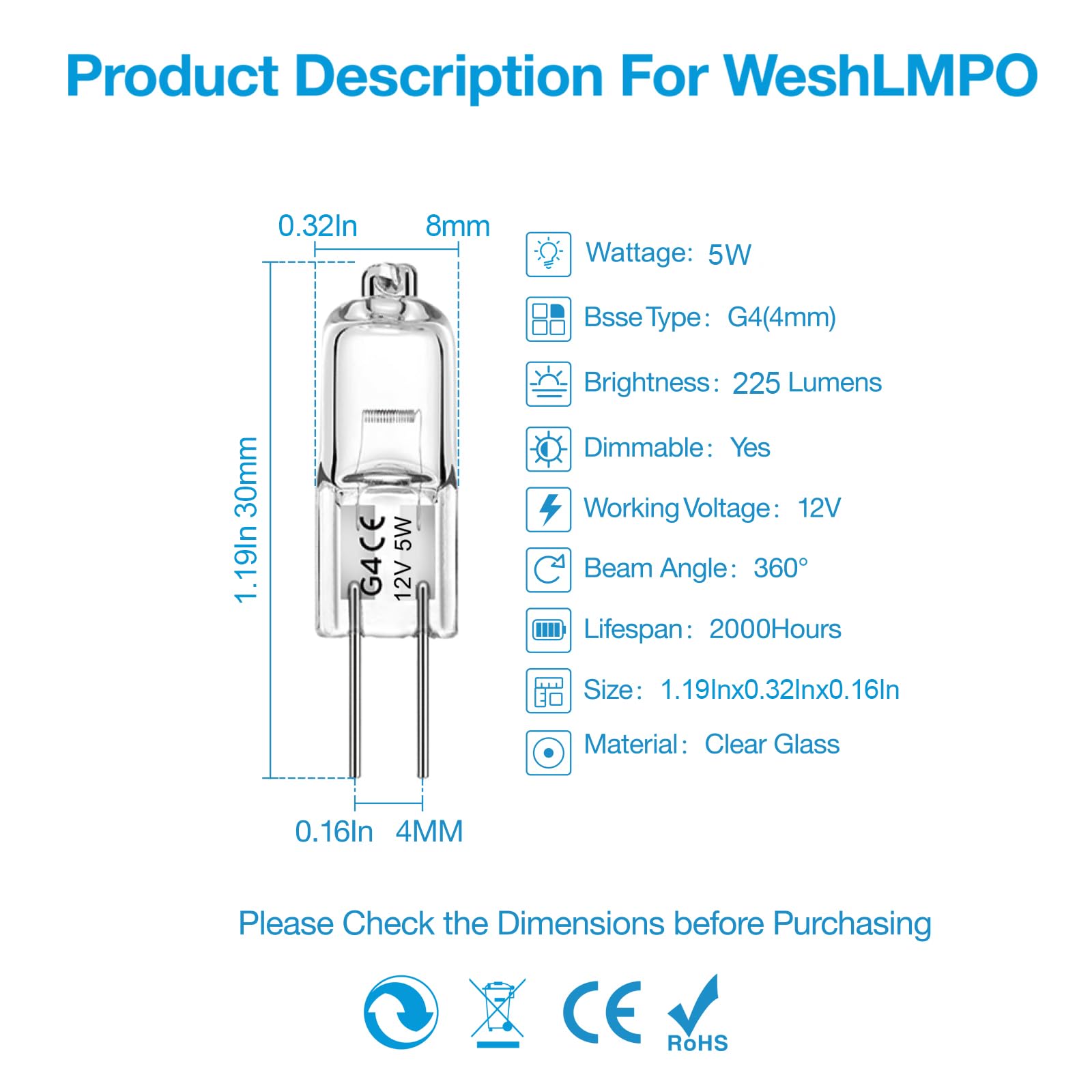 WeshLMPO G4 Halogen Light Bulbs, 10W 12V, 2 Pin Replacement for Puck Lights, Chandeliers, 12 Pack