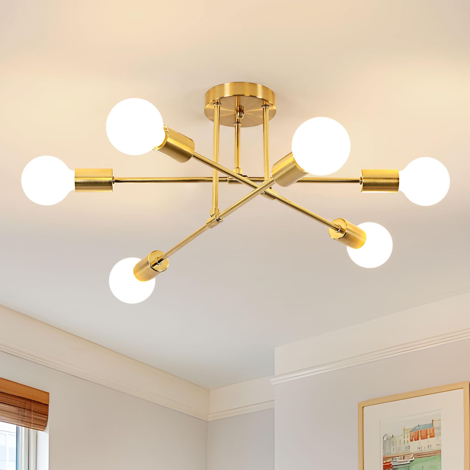 DELIPOP Modern Sputnik Chandelier, 6-Light Gold Industrial Metal Semi Flush Mount Ceiling Light, E26 Base Sputnik Ceiling Light 