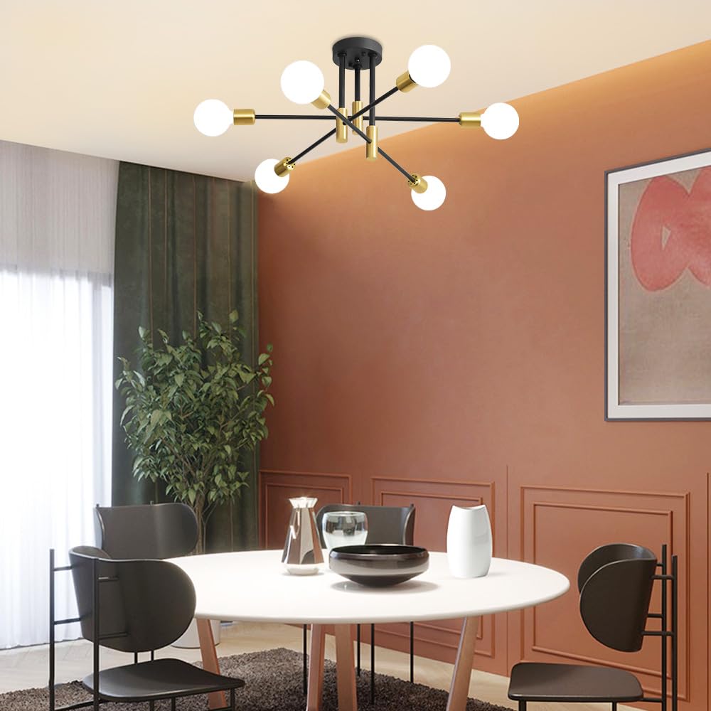 Biewalk Sputnik Chandelier, Mid Century Modern Nordic Pendant Lighting 6 Lights Ceiling Light Fixture Black And Gold Chandelier, For Living Room Kitchen Bedroom Dining Room (E26 Bulb Excluded)