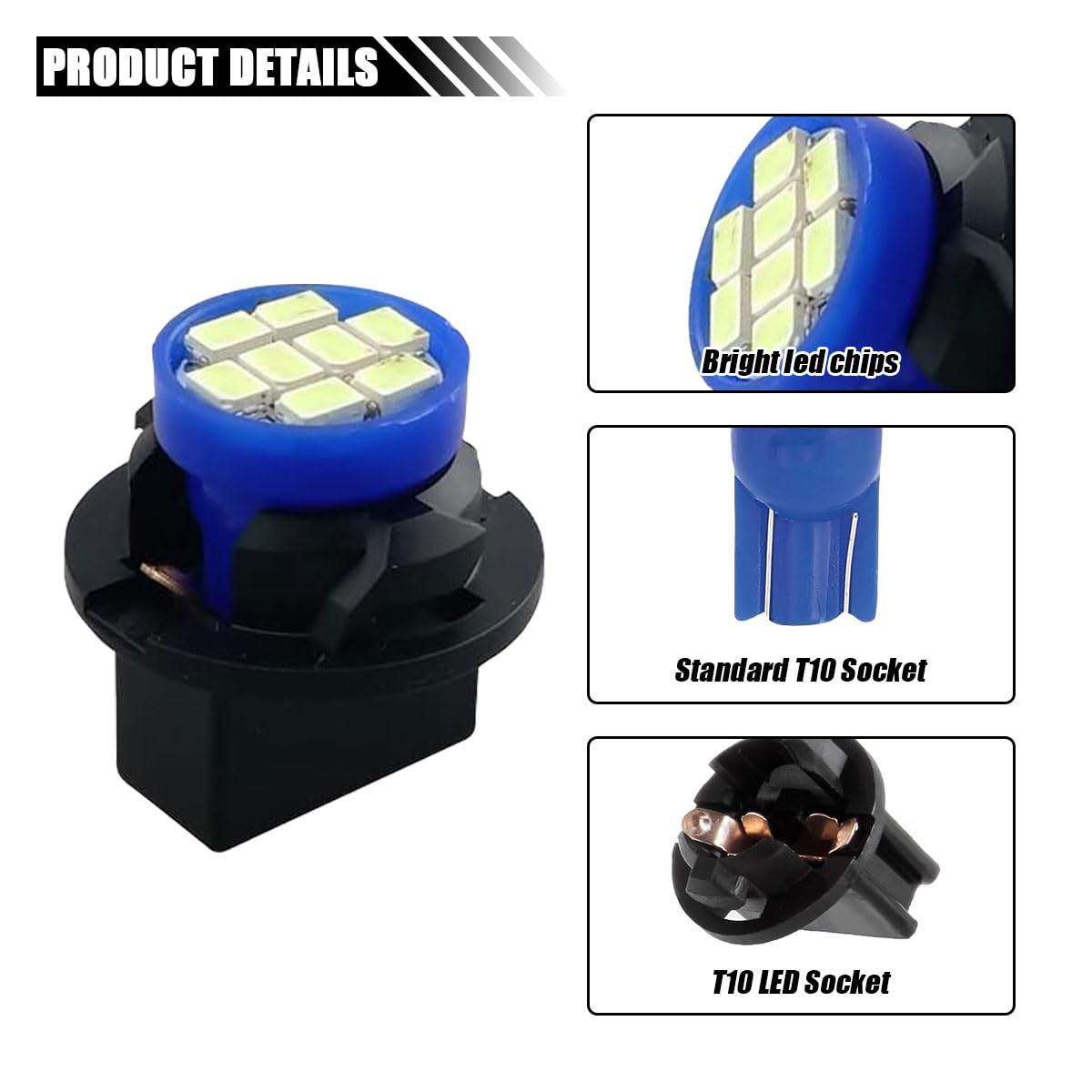 JOYCOURT LED Light Bulbs for Car Dash Instrument, 10PCS T10 194 168, Ice Blue, Twist Lock Socket, Plastic Material