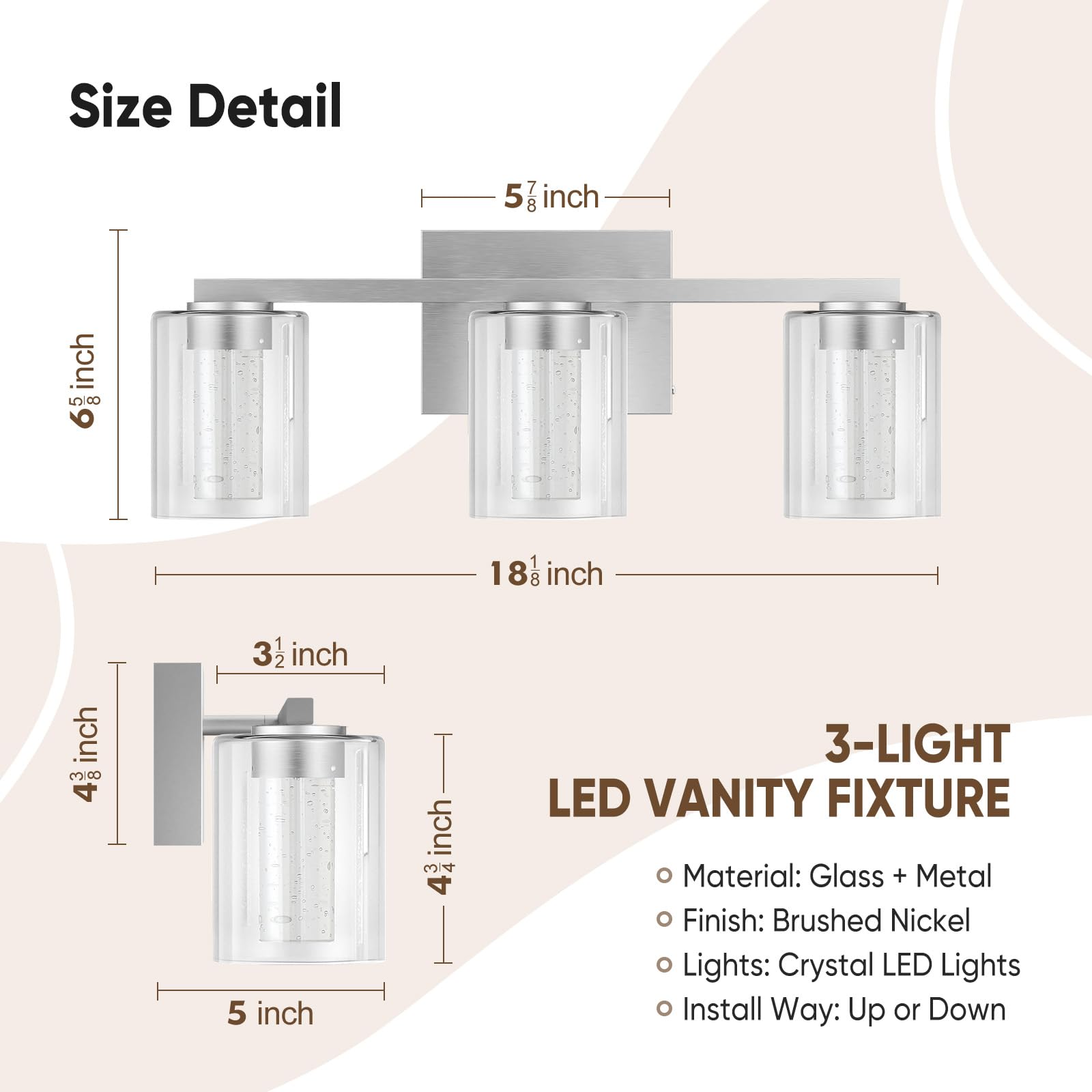 Led Modern Bathroom Light Fixtures Over Mirror, 3-Light Brushed Nickel Vanity Lights With 5 Color Modes, Dimmable Bathroom Vanit