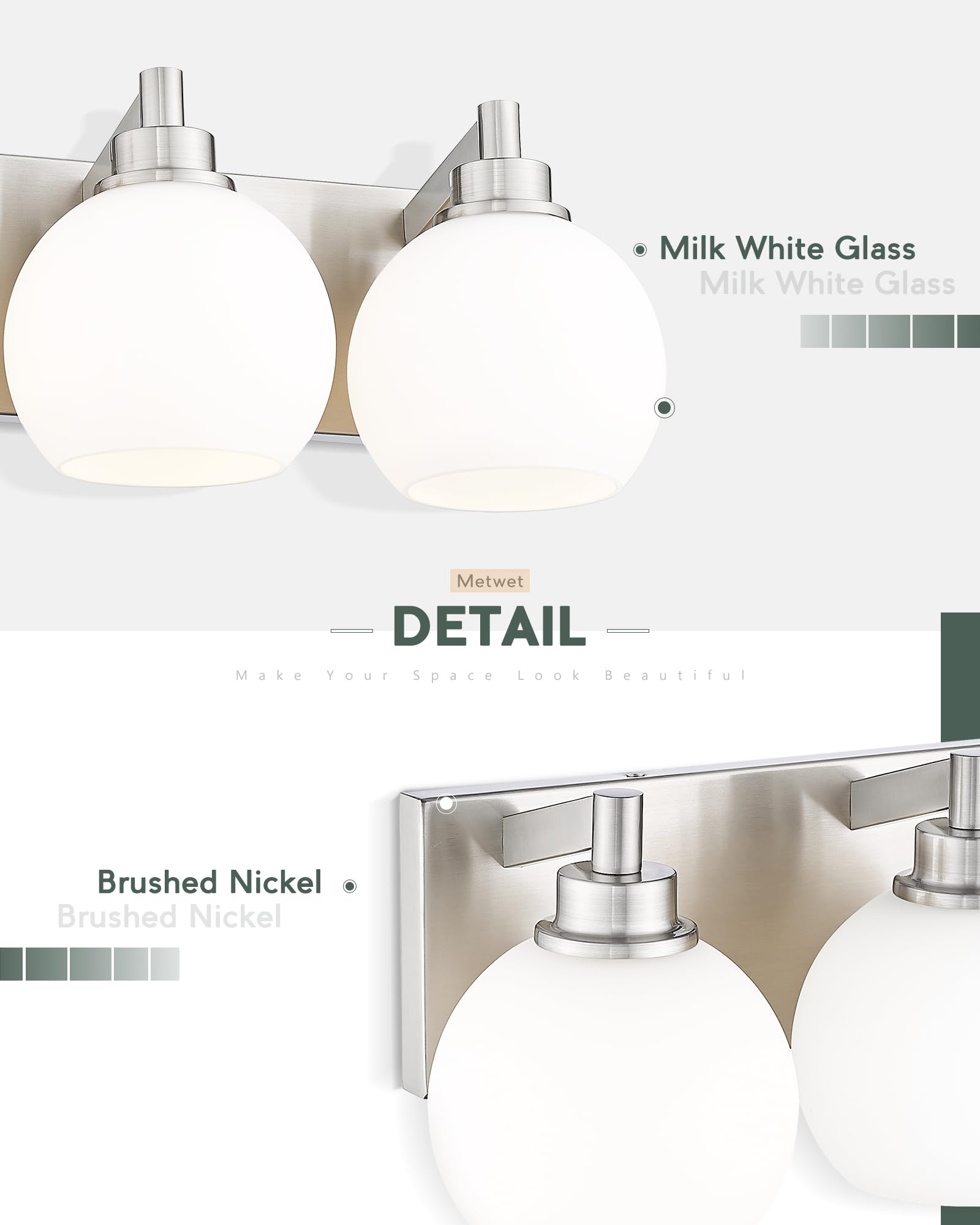 Metwet Bathroom Light Fixtures, 3-Light Brushed Nickel Vanity Light, Modern Wall Sconces With Milk White Globe Glass Shade, Vani