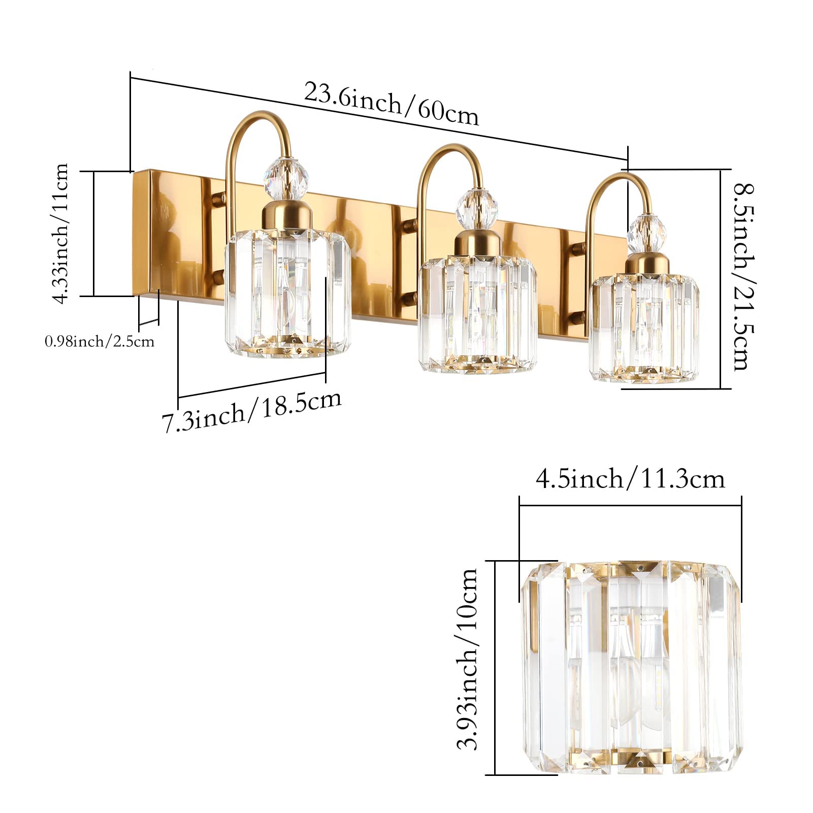 Ralbay 4-Light Brass Gold Crystal Vanity Lights - Modern Bathroom Wall Lighting Fixtures