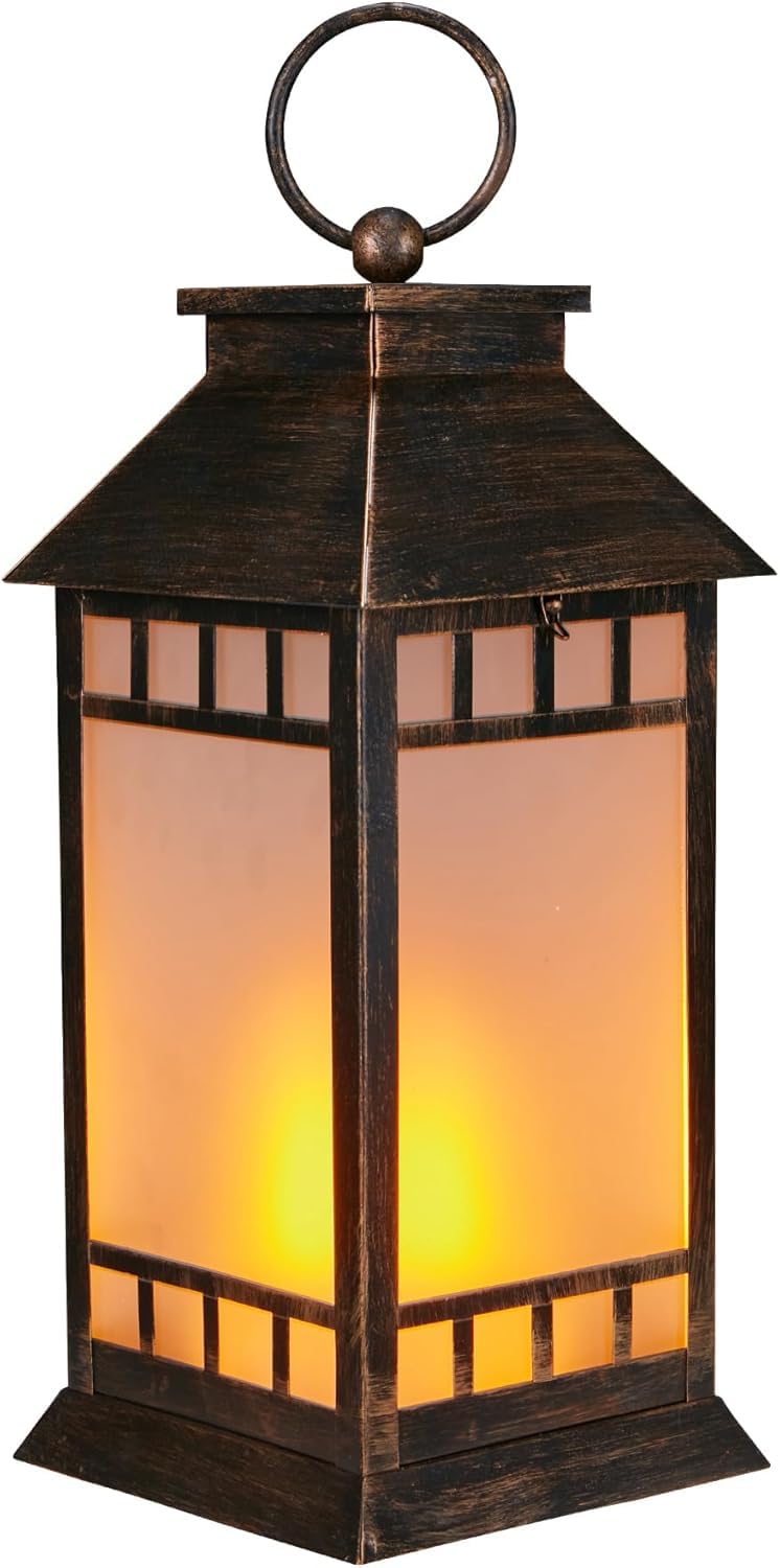 18'' Glass Solar Lantern Outdoor Waterproof, Large Hanging Solar Lanterns With Flickering Flame Lights, Metal Outdoor Lantern De