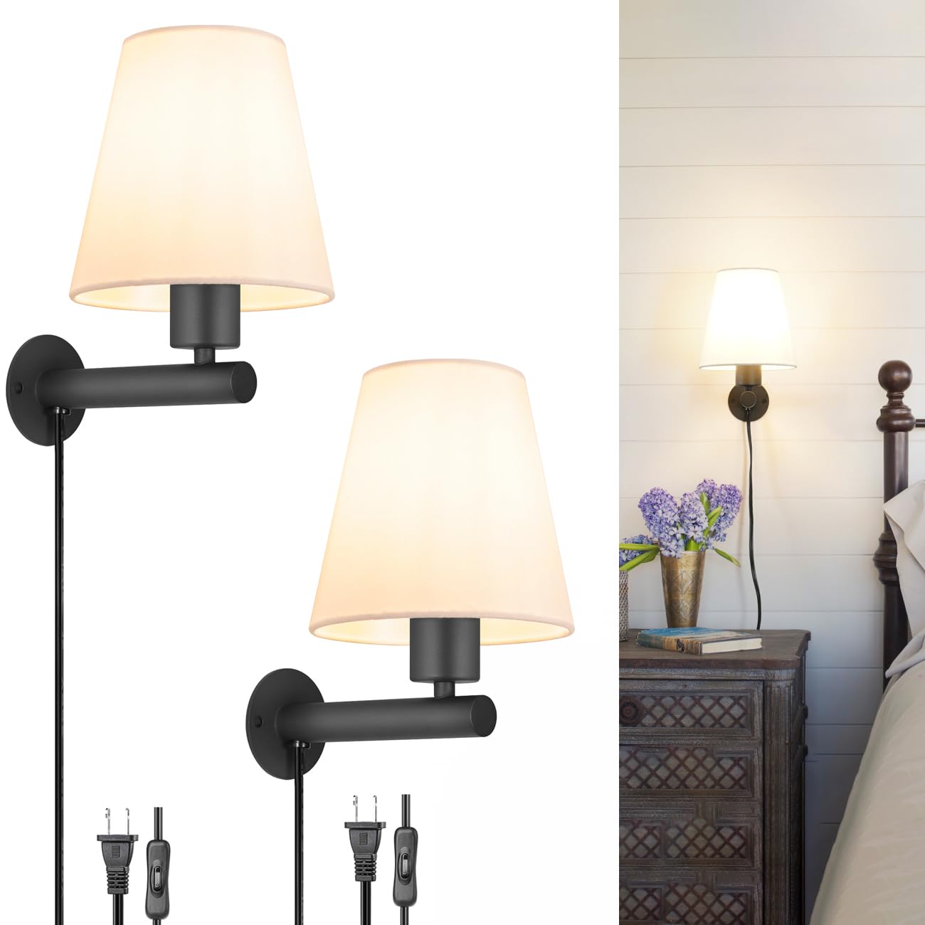 OIYIO Black Plug in Wall Sconces Set of Two, Metal Fabric Linen, 9.45in, Model 240927, Wall Lamp with On/Off Switch