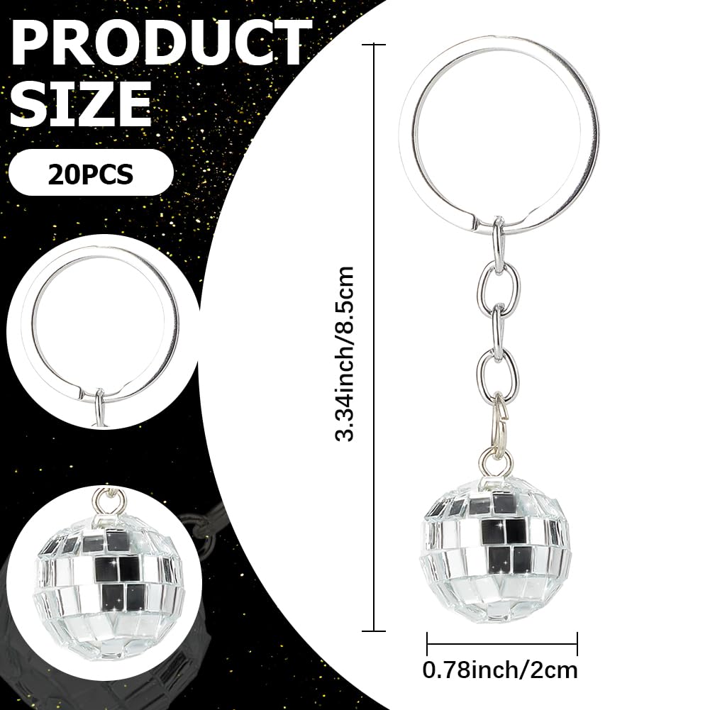 CRASPIRE 20Pcs Silver Disco Ball Keychain Mirror Key Chain Bulk Small Mini Acrylic Round Balls Hanging 70s Themed Party Charm Pe