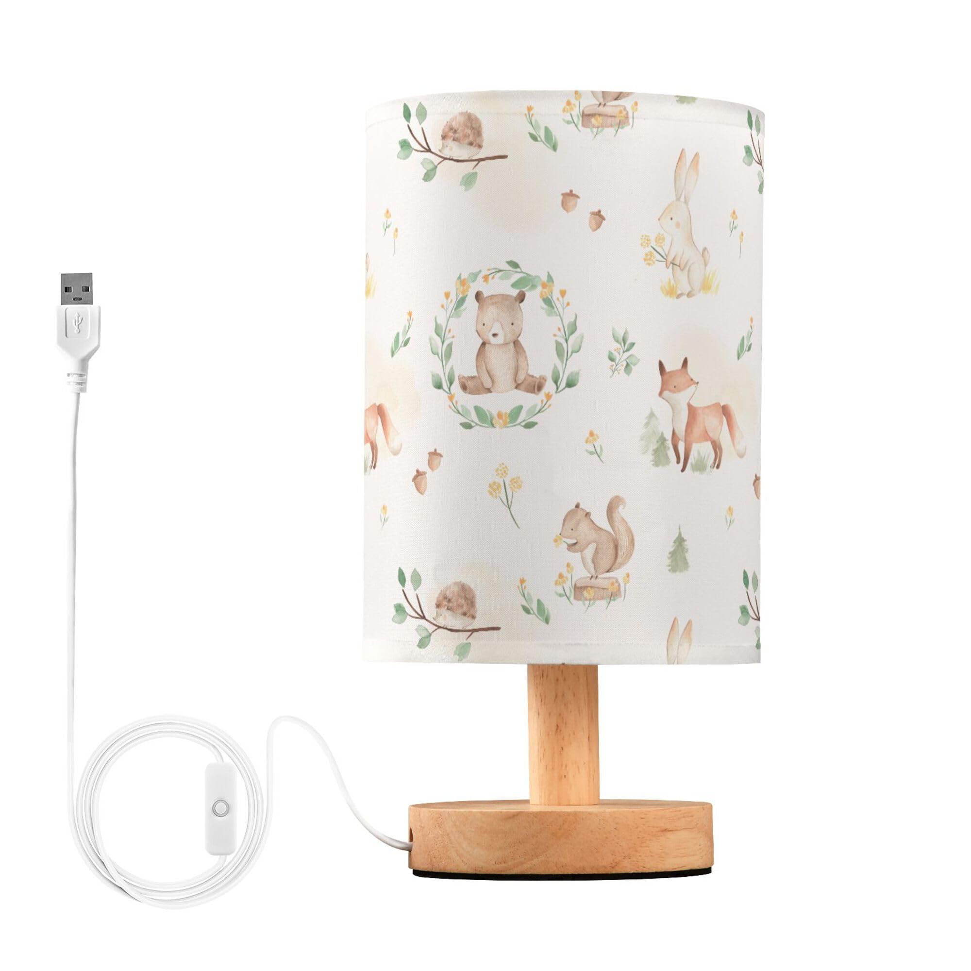 YYZZH Table Lamp Woodland Animal Fox Bear Squirrel Rabbit Hedgehog Floral Branch Nightstand Lamp with Wood Base Fabric Lamp Shad