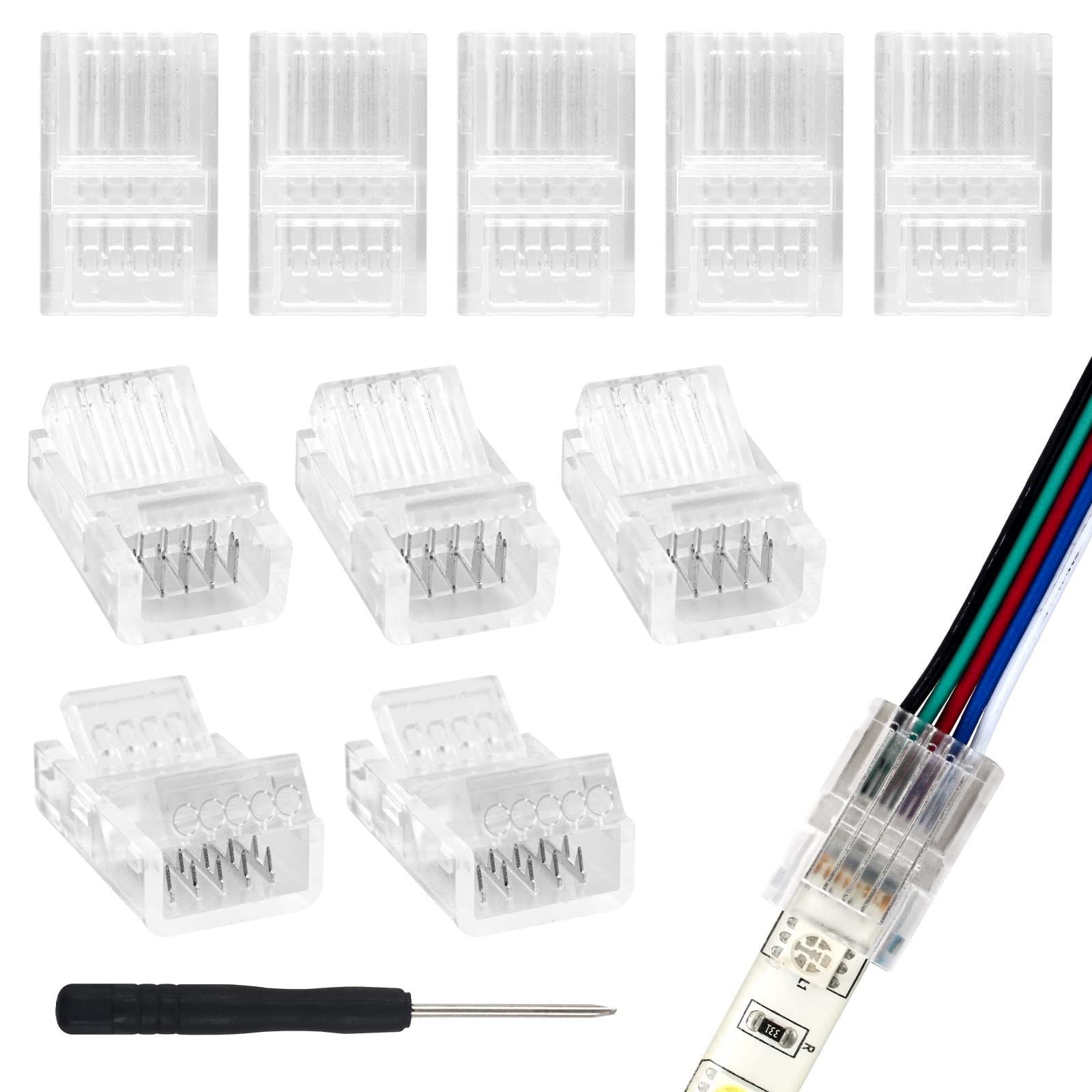RGBZONE 10Pcs 5 Pin LED Connectors Solderless Band to Wire RGBW LED Light Band Adapter Connection for 10mm Wide RGBW Lights