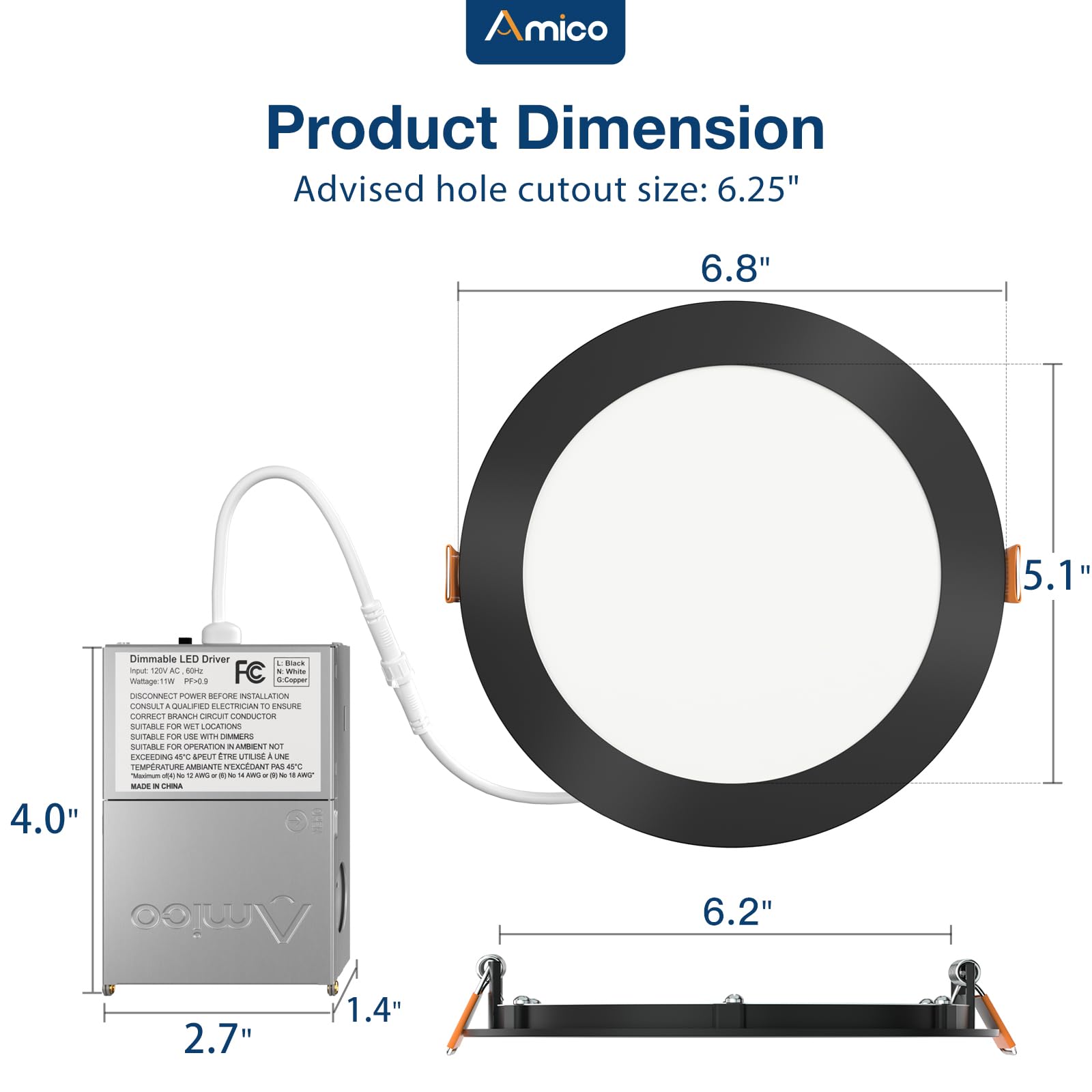 Amico 6 Pack 6 Inch 5Cct Ultra-Thin Led Recessed Ceiling Light With Junction Box, 2700K/3000K/3500K/4000K/5000K Selectable, 12W