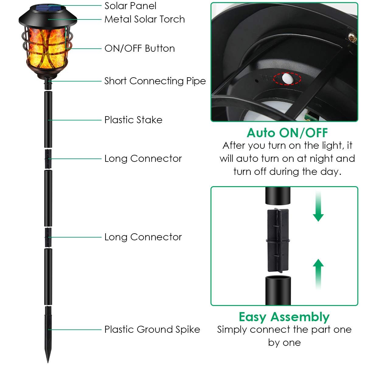 TomCare Solar Flickering Flame Torches, Waterproof Outdoor Lights, 4 Pack, Heavy Duty, Dusk to Dawn Auto On/Off, Black