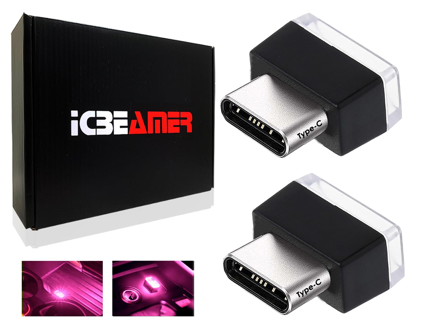 Icbeamer Type C Adapters Atmosphere Light - 2-Pack (Purple) | Universal Plug-In Miniature Night Light | Led Usb Car Interior And