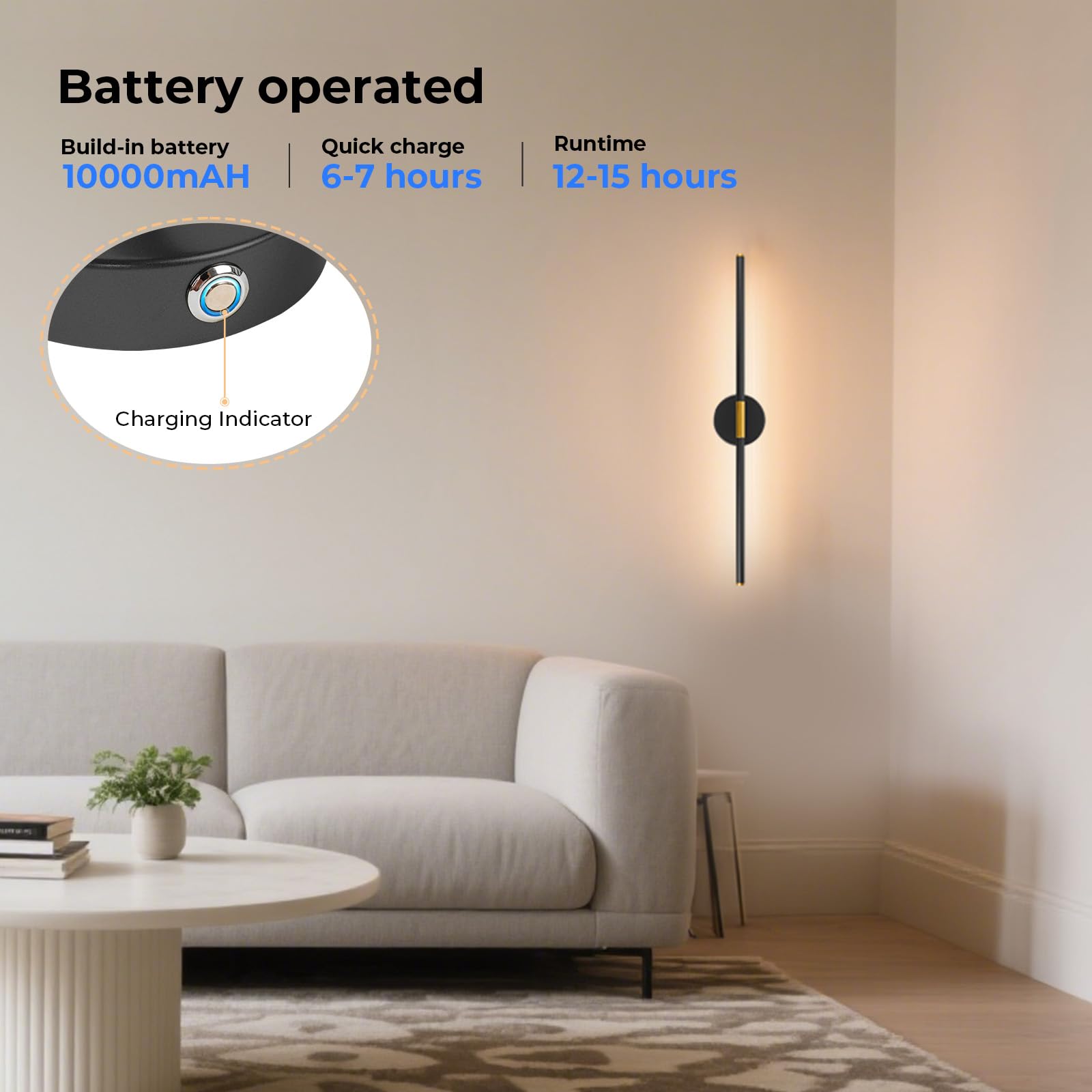 GvvooHome 28" Wireless Wall Sconce, 360° Rotation, Rechargeable LED, 3000K-6500K, Black Gold, Model HCP042