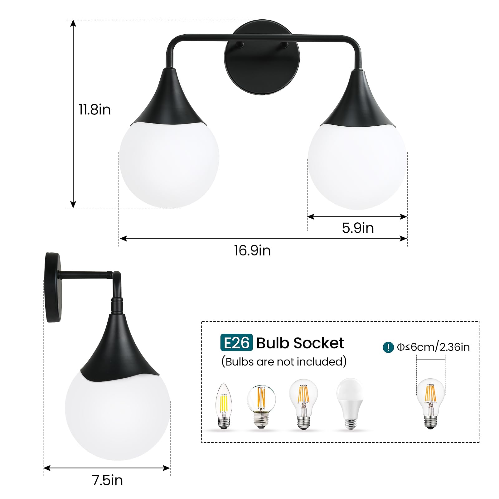 HAHZT Bathroom Vanity Light Fixture - 2 Lights Mid Century Black Metal Sconces with Frosted Globe Glass - Model 8089ML