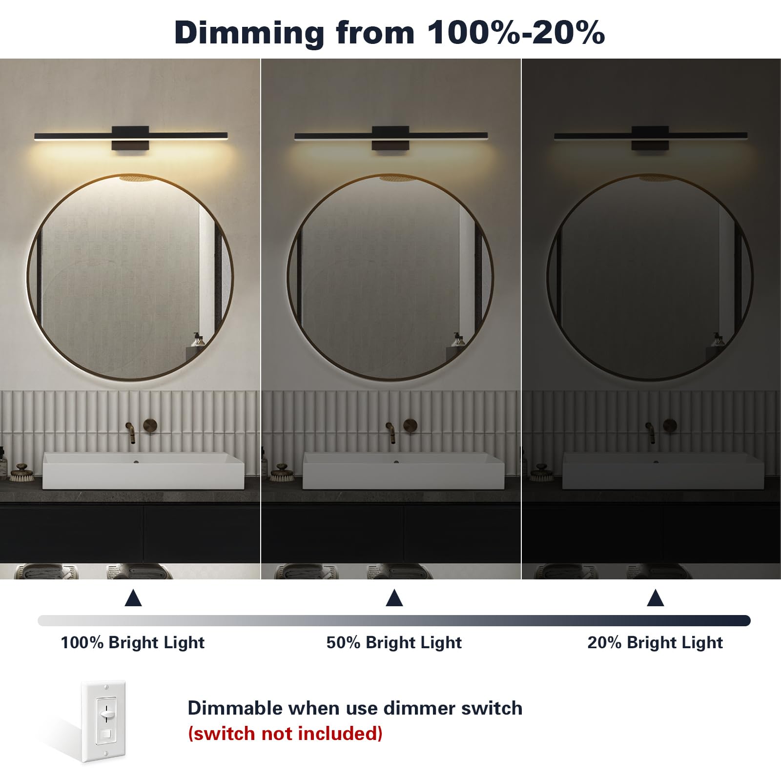 Joossnwell Bathroom Vanity Light Black Dimmable 39.37 Inch Acrylic LED Fixture Model 7560-18W-SN-5CCT