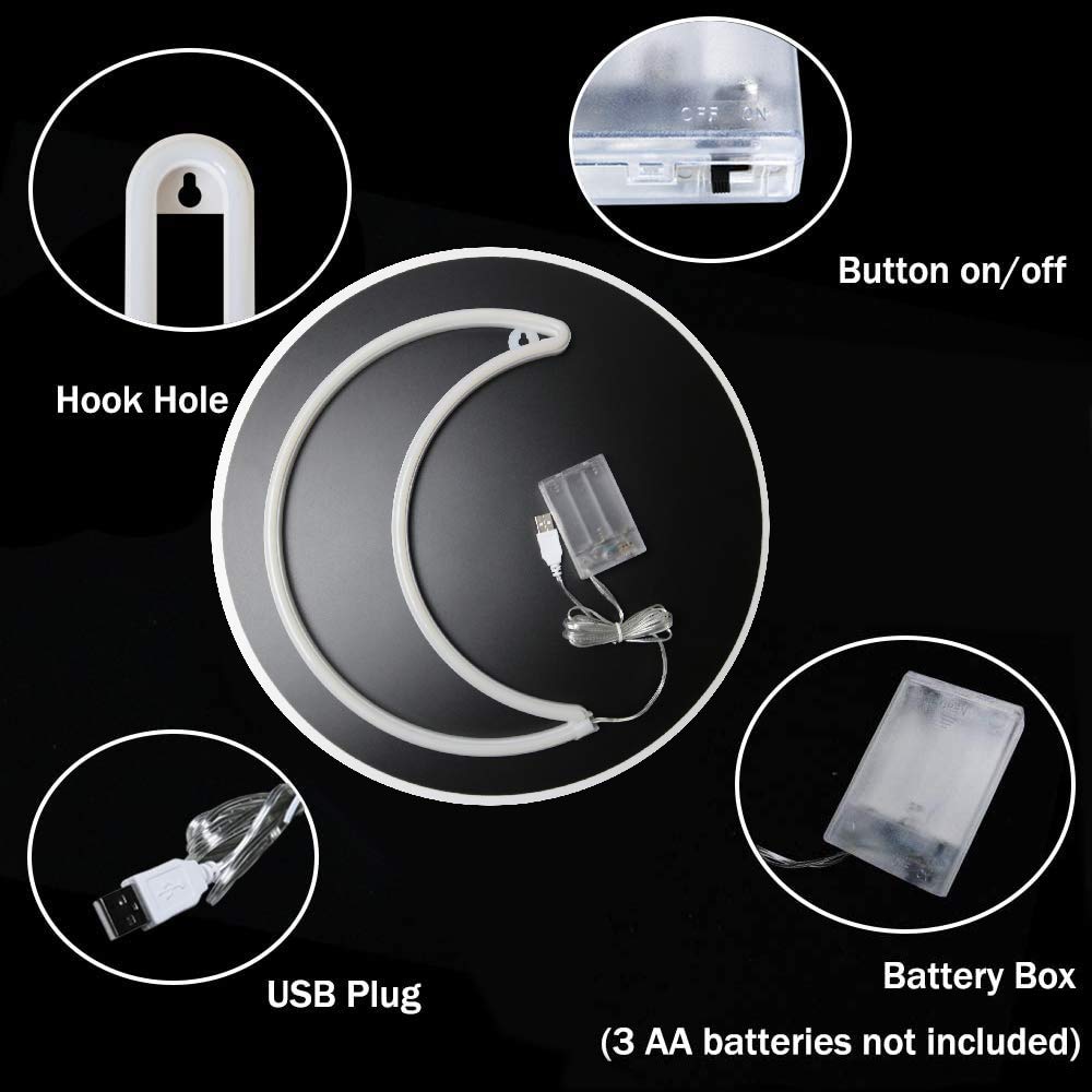 YAOZHOU LED Neon Moon Light - Warm White, Battery/USB Powered Decorative Night Light for Home, Bedroom, Office, Party