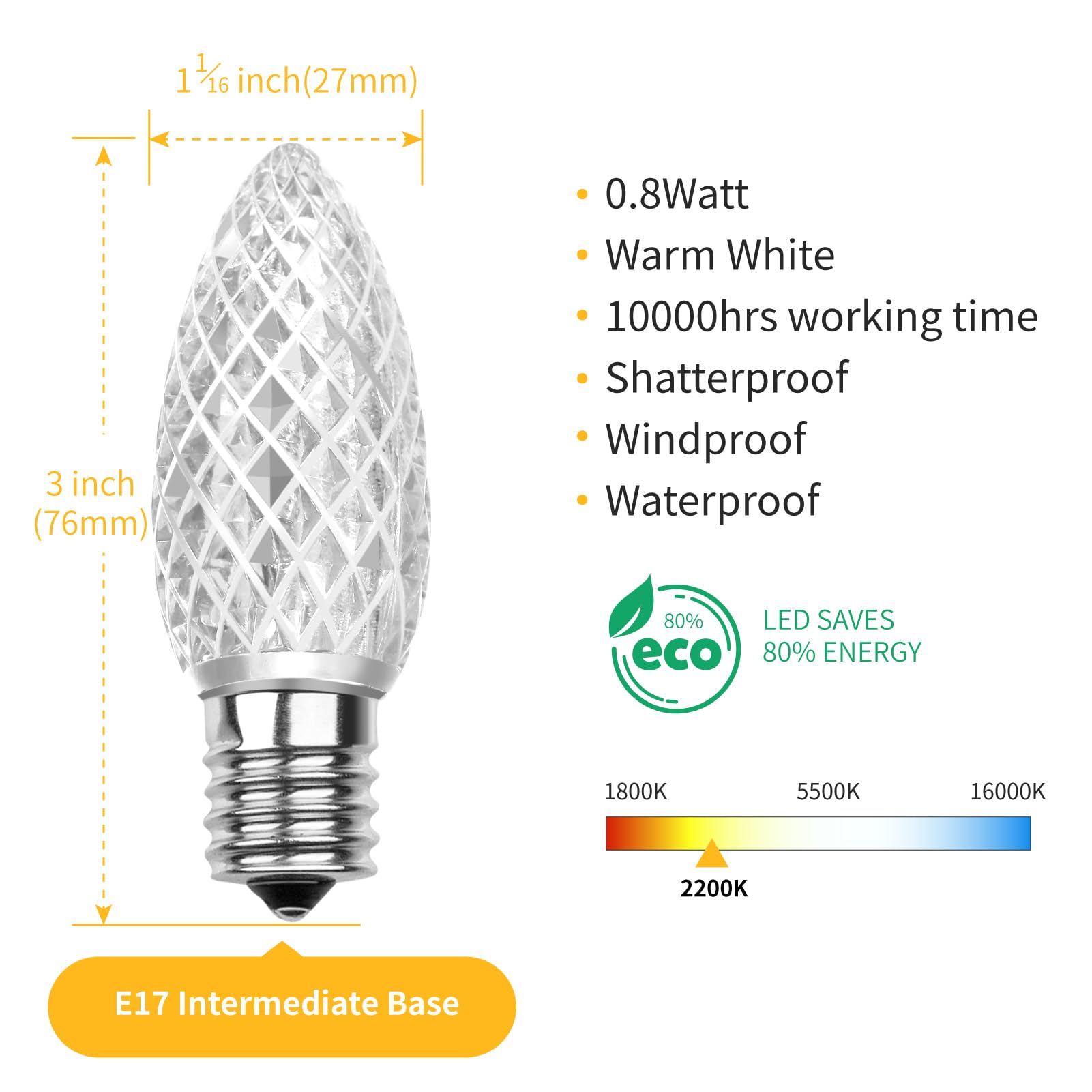 Meconard C9 LED Replacement Bulbs, Warm White, 50 Count, E17 Intermediate Base, Shatterproof, Commercial Grade