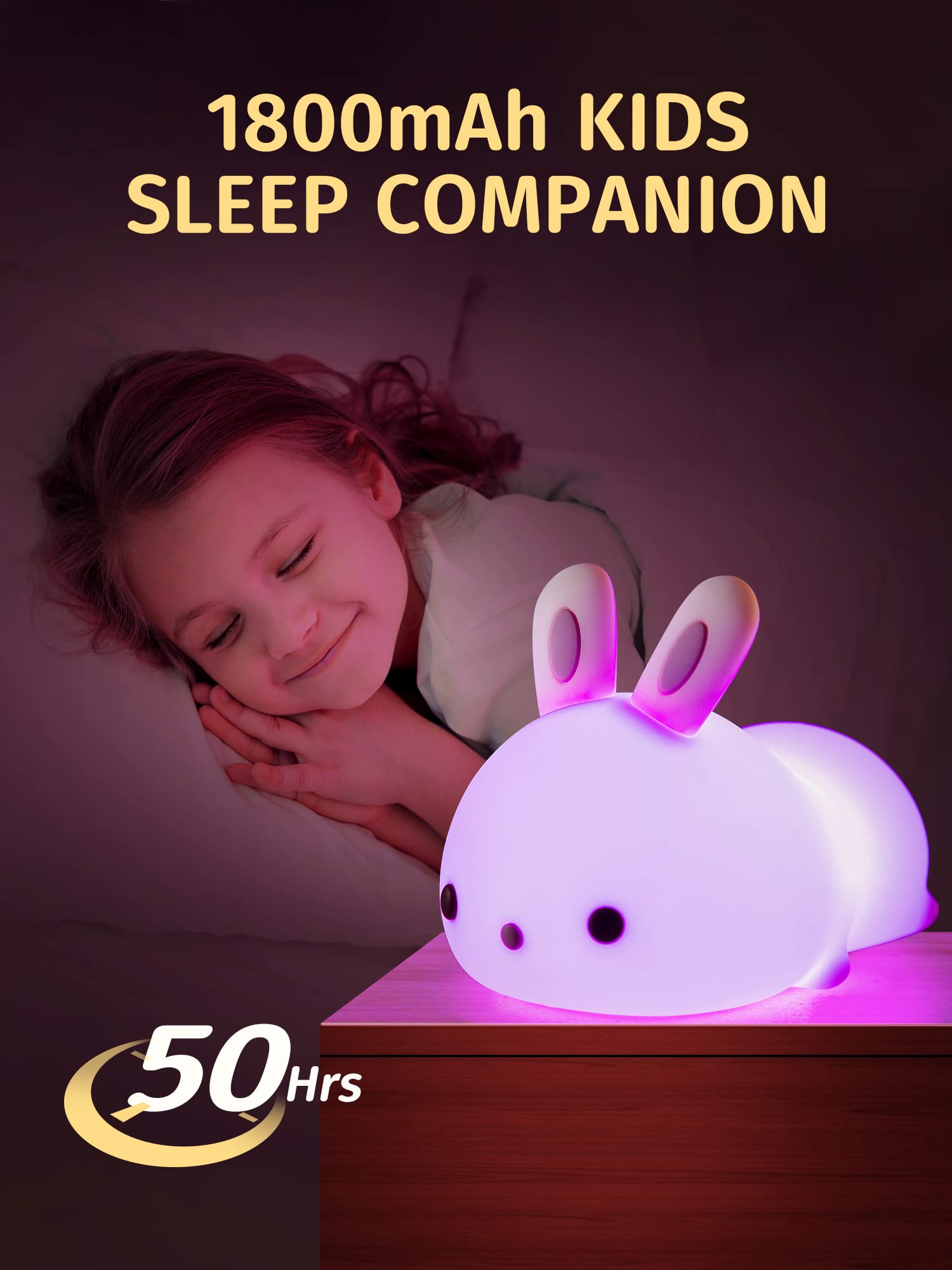 Mubarek Bunny Night Light, Dimmable Silicone, 16 Colors, Tap Control, Rechargeable, White, Basic Size