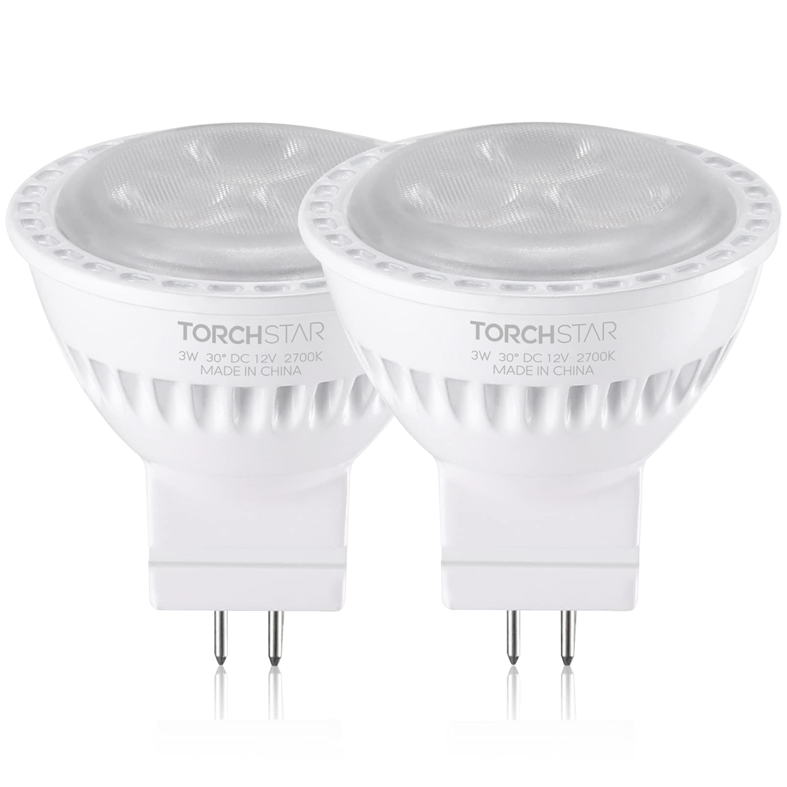 TORCHSTAR LED MR11 Bulbs, 3W Soft White 2700K, GU4 Base, Non-Dimmable, 2 Pack, Aluminum
