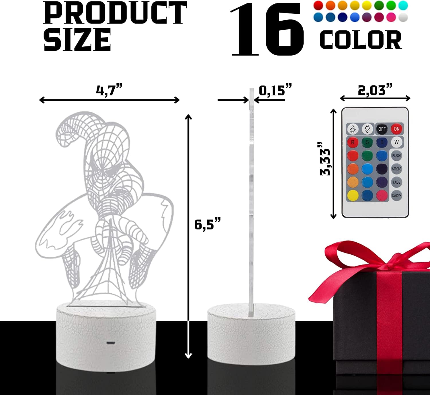 Yarrd Spider Human Night Light 3D - 3D Illusion Optical Kids Night Lights For Bedroom 16 Colors With Remote 3D Illusion Led Lamp Night Light For Kids Spider Gifts Cute Desk Lamp Ideal Room Decor Gift