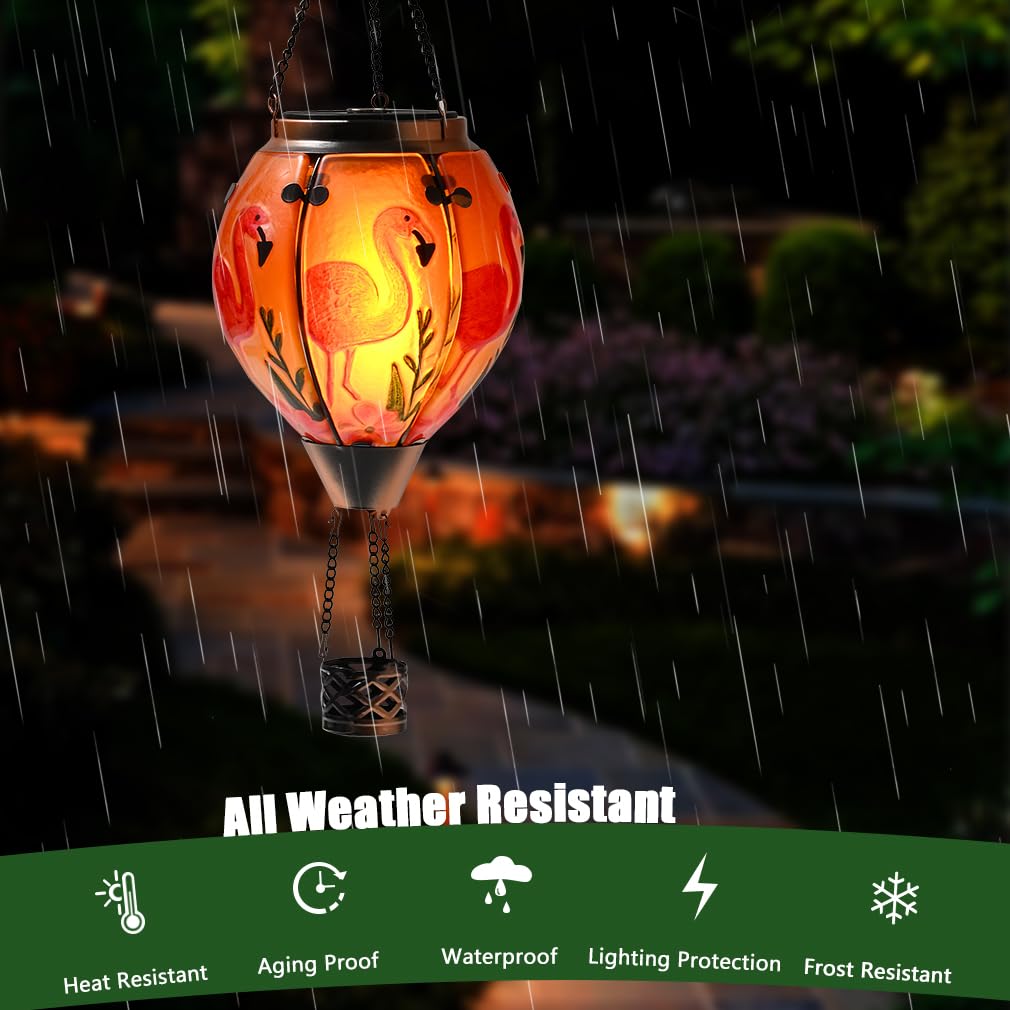 Hot Air Balloon Solar Lantern - Flamingo Stained Glass Lantern  Simulated Flickering & Dancing Flame  Outdoor Hanging Yard Light Waterproof Ip65 For Patio Lawn Porch Decor Gift