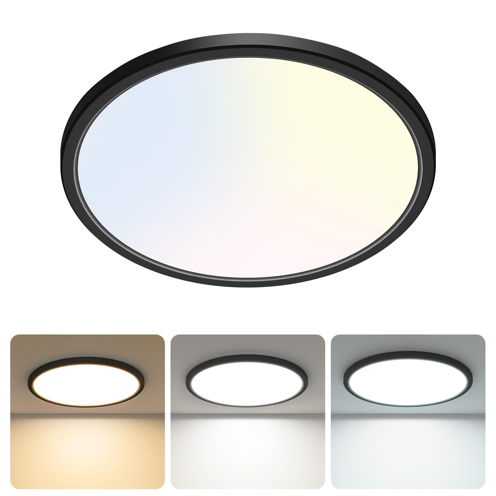 libtit 13 Inch LED Round Flat Light, 28W 3200lm 3000K/4500K/6000K CCT Selectable, Black Ceiling Light Surface Mount, Slim Ceilin
