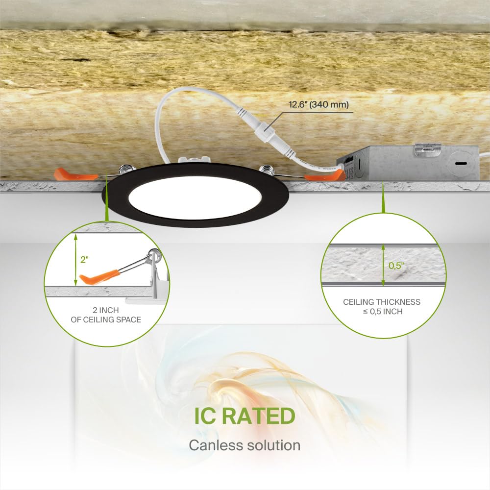Asd 6 Pack Led Recessed Lighting 4 Inch 12W  5 Cct 2700K-5000K Cri90+  Ic Rated Ultra Thin Dimmable Ceiling Lights With J Box  Canless Wafer Downlight  Round Slim Panel Light  Ul Listed  Black