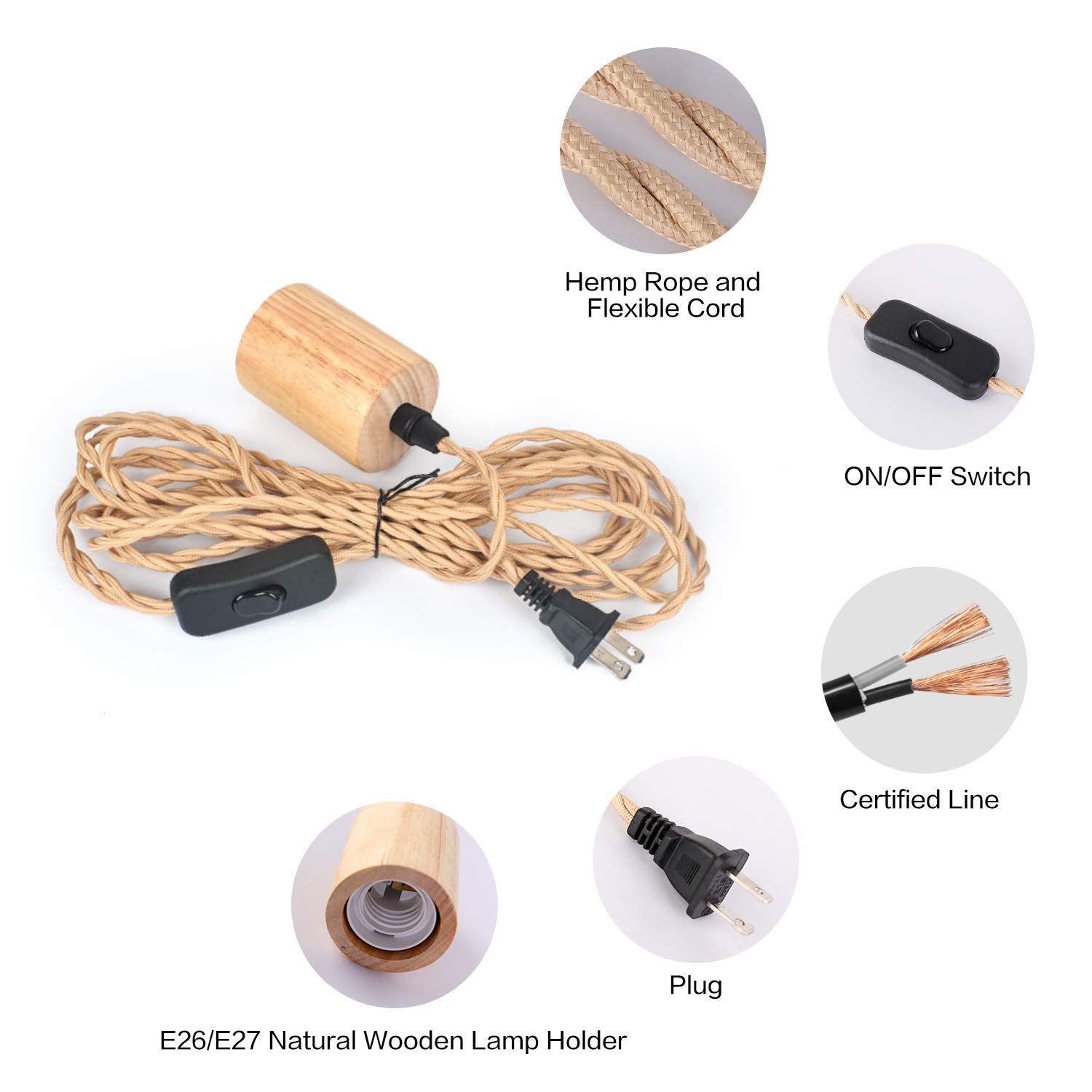 Arturesthome Wood Pendant Light Cord Kit, 9.8FT Vintage Industrial Hanging Lamp, E26/E27 Socket, Twisted Nylon Rope