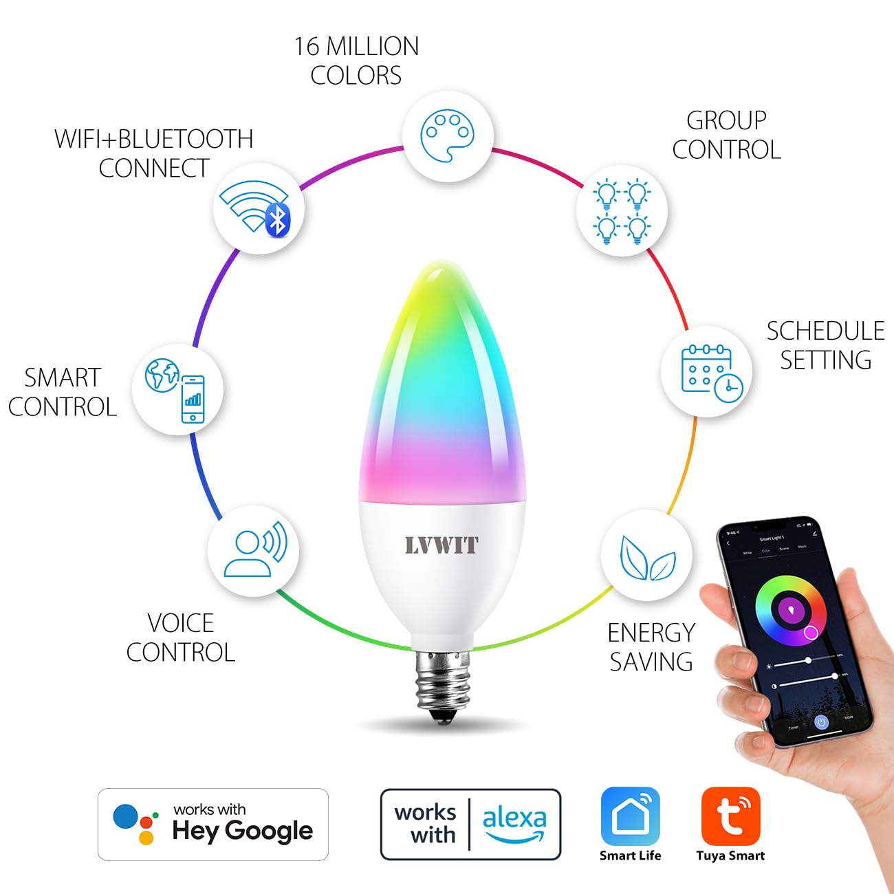 Lvwit Smart Light Bulb, Wifi Chandelier Led Bulb, E12 Base, 4.9W, 470Lm, 4Pk, Color Changing, Dimmable, Compatible With Alexa, G
