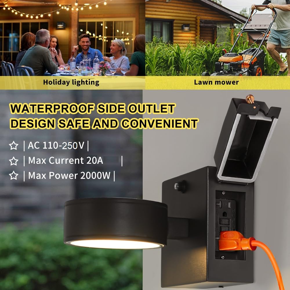 Double Century Outdoor Porch Lights With Gfci Outlet, Dusk To Dawn, Waterproof Aluminum