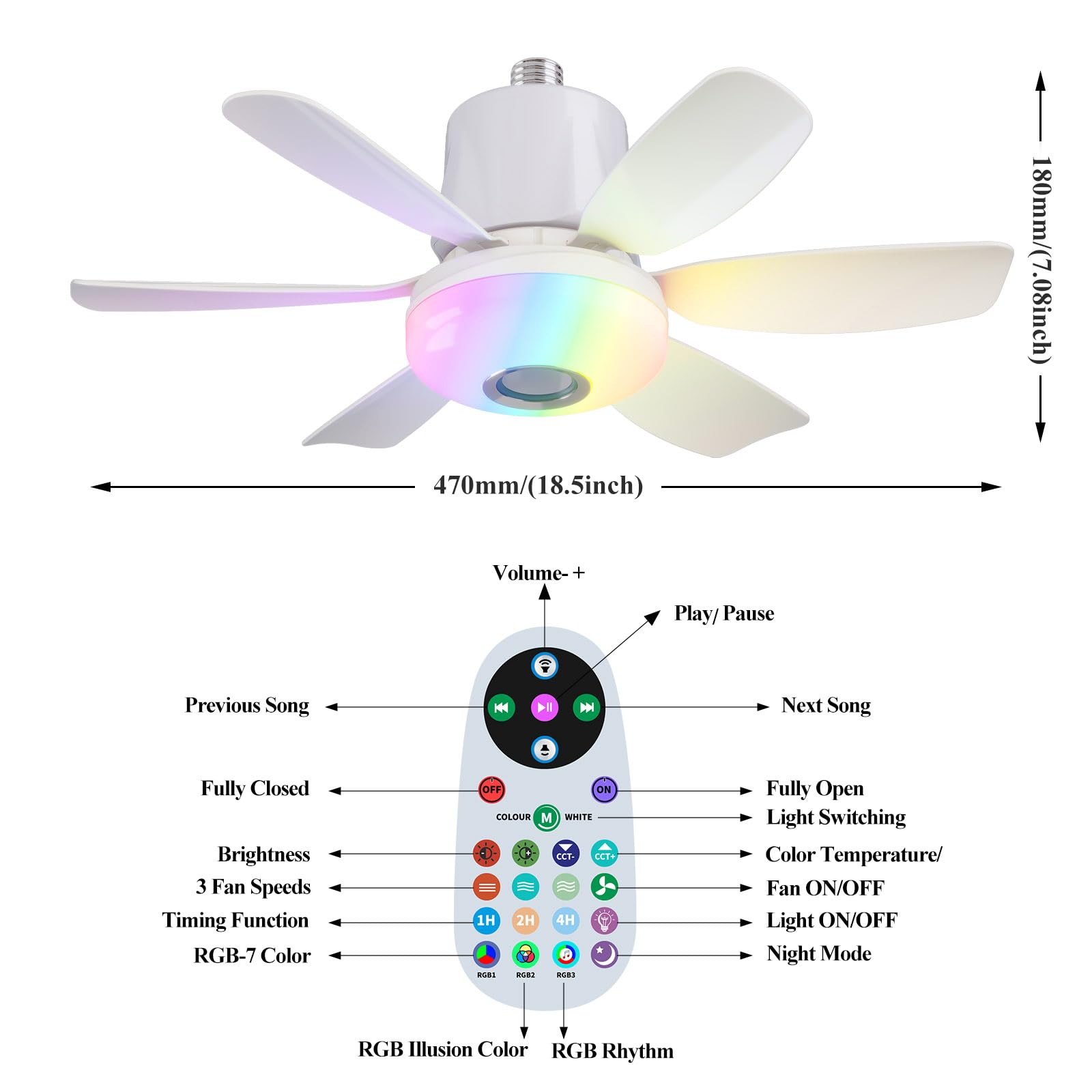 Flarouch 4 in 1 Socket Fan Light with Remote, Dimmable LED, Bluetooth Speaker, Small, White, Model LEC020R-W
