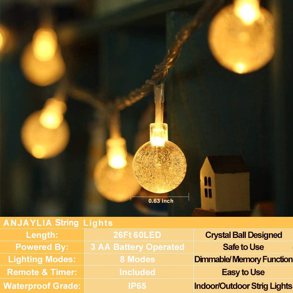 ANJAYLIA 26FT LED String Lights Battery Operated Waterproof Fairy Lights Warm White for Outdoor, Party, Home, Christmas Decor