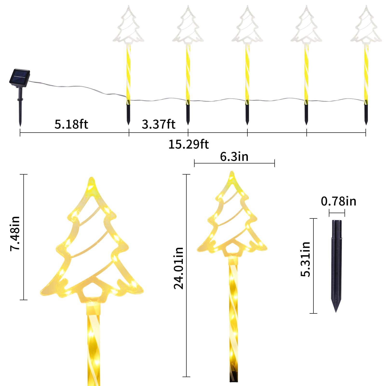 Christmas Solar Pathway Lights Outdoor Decorations  8 Modes Xmas Tree Candy Lights Waterproof Led Garden Stake Light For Walkway Yard Lawn Porch Holiday Decor 5-Pack (Yellow Tube Tree  5 Pack)