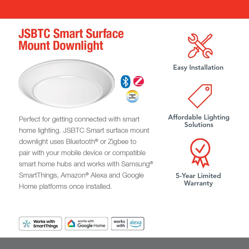 Juno Jsbtc 6In Tuwh 90Cri Wl Mw M6 Smart Surface Mount Disk Light, 2700K-5000K Tunable, 1100 Lumens, Connect With Zigbee Or Blue