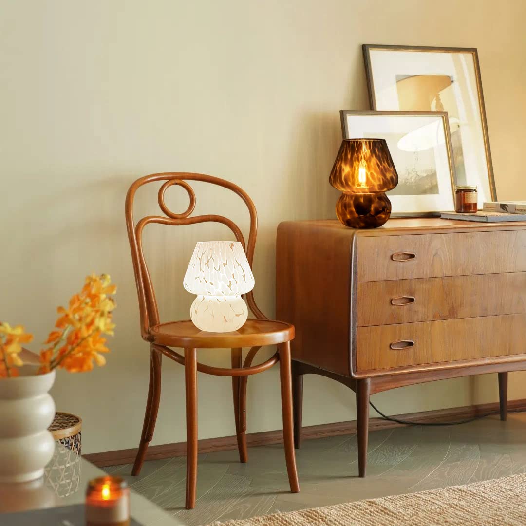 ONEWISH Mushroom Table Lamp Set of 2, Small Dimmable Glass Nightstand Lamp, Vintage Aesthetic, Black, Model 13TAB008USB