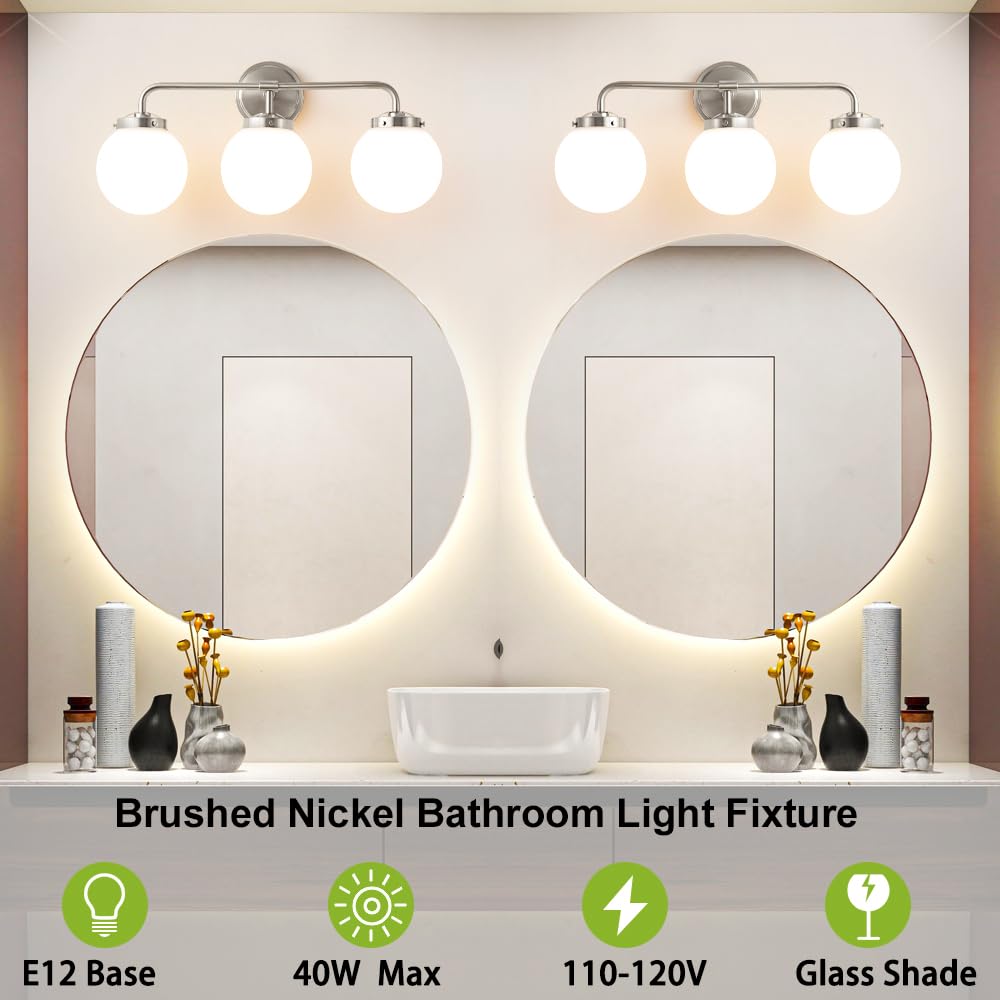 Deyidn Bathroom Light Fixtures Over Mirror, Brushed Nickel Modern Vanity Lights With Milk White Glass Globe Shades 3-Light Farmh
